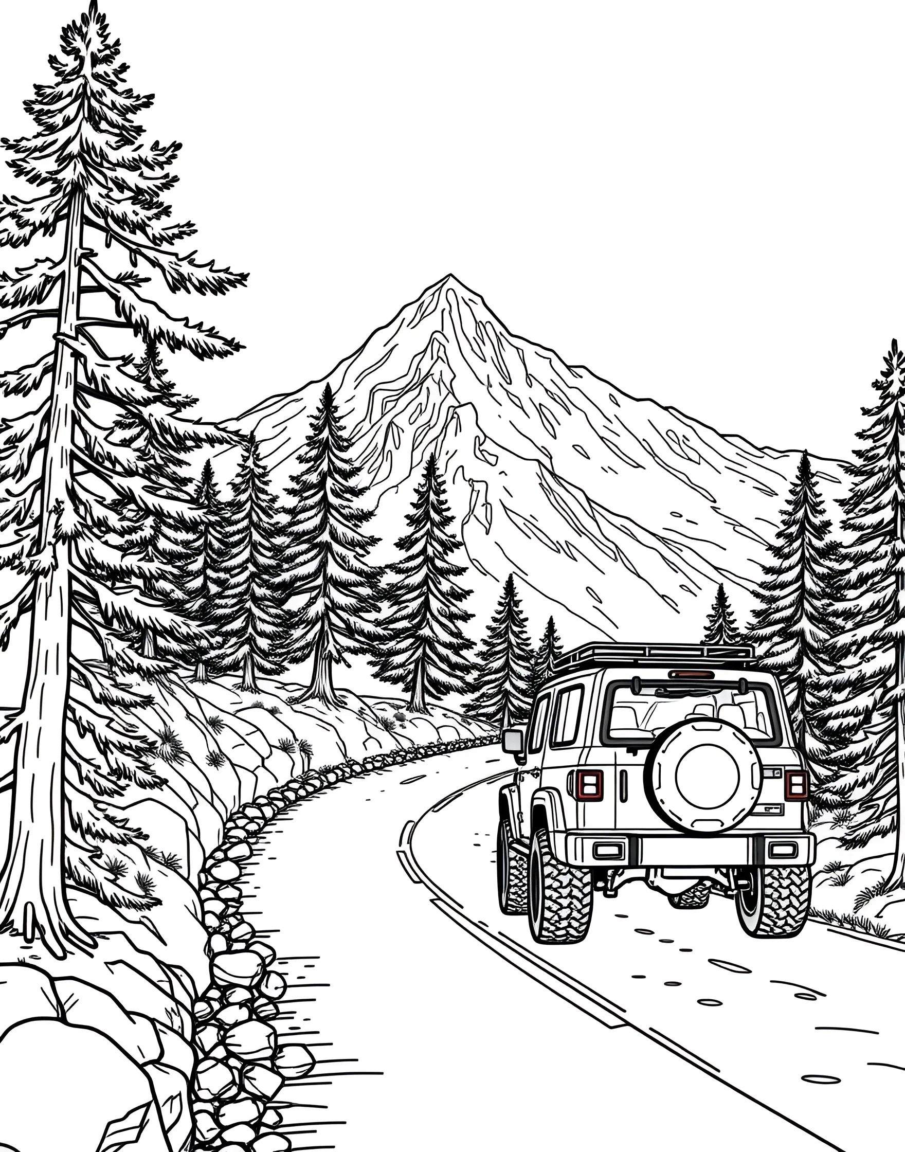 Family SUV Adventure in the Mountains Coloring Page -- prompt: "An SUV driving on a mountain road with pine trees and snow-capped peaks in the distance." -- This heartwarming coloring page depicts a family SUV embarking on a mountain adventure. The sturdy vehicle is shown navigating a winding mountain road, with majestic peaks and evergreen trees in the background. It's an excellent choice for kids who love family road trips and outdoor adventures.