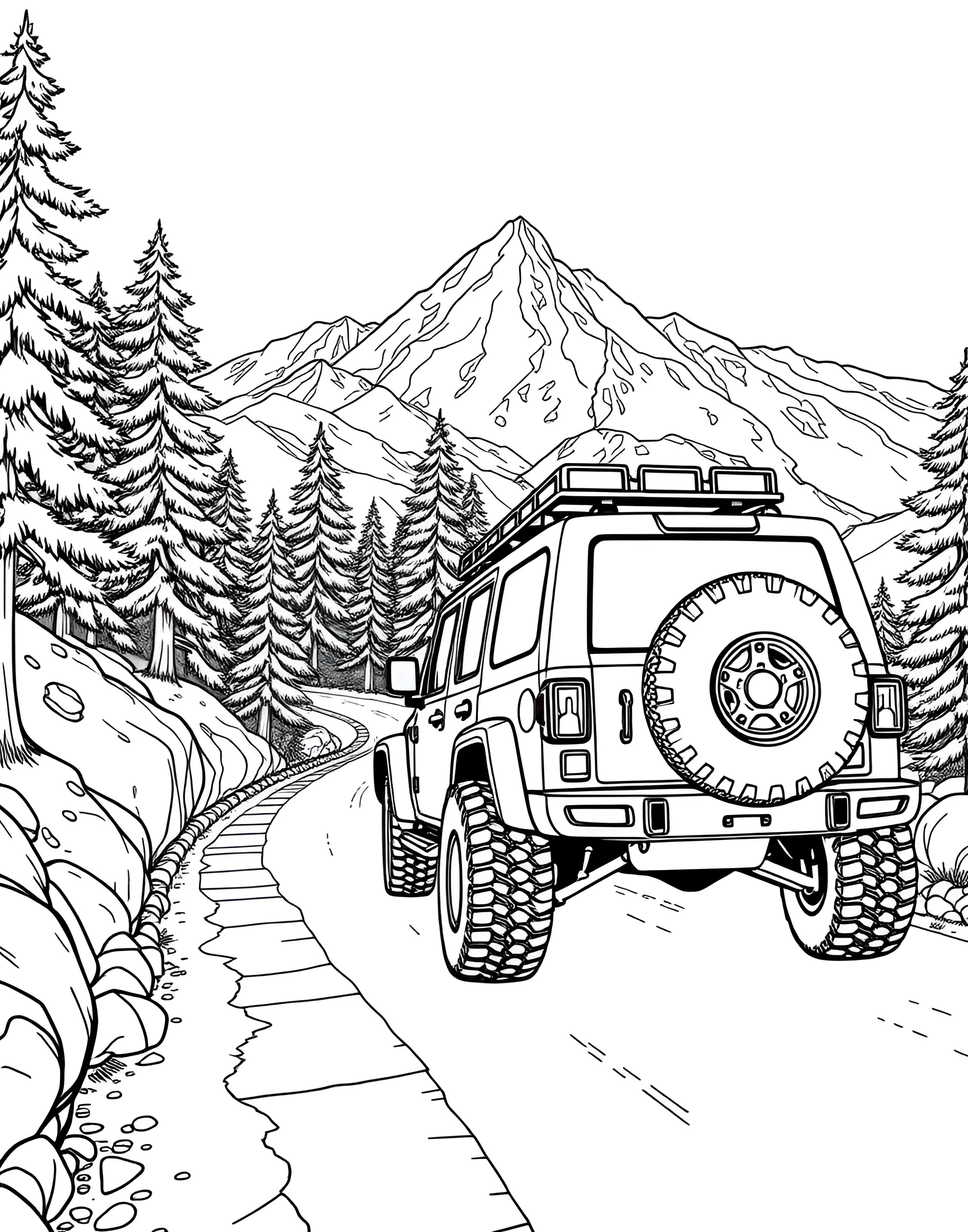 Family Jeep Adventure in the Mountains Coloring Page -- prompt: "An SUV driving on a mountain road with pine trees and snow-capped peaks in the distance." -- This heartwarming coloring page depicts a family Jeep embarking on a mountain adventure. The sturdy vehicle is shown navigating a winding mountain road, with majestic peaks and evergreen trees in the background. It's an excellent choice for kids who love family road trips and outdoor adventures.