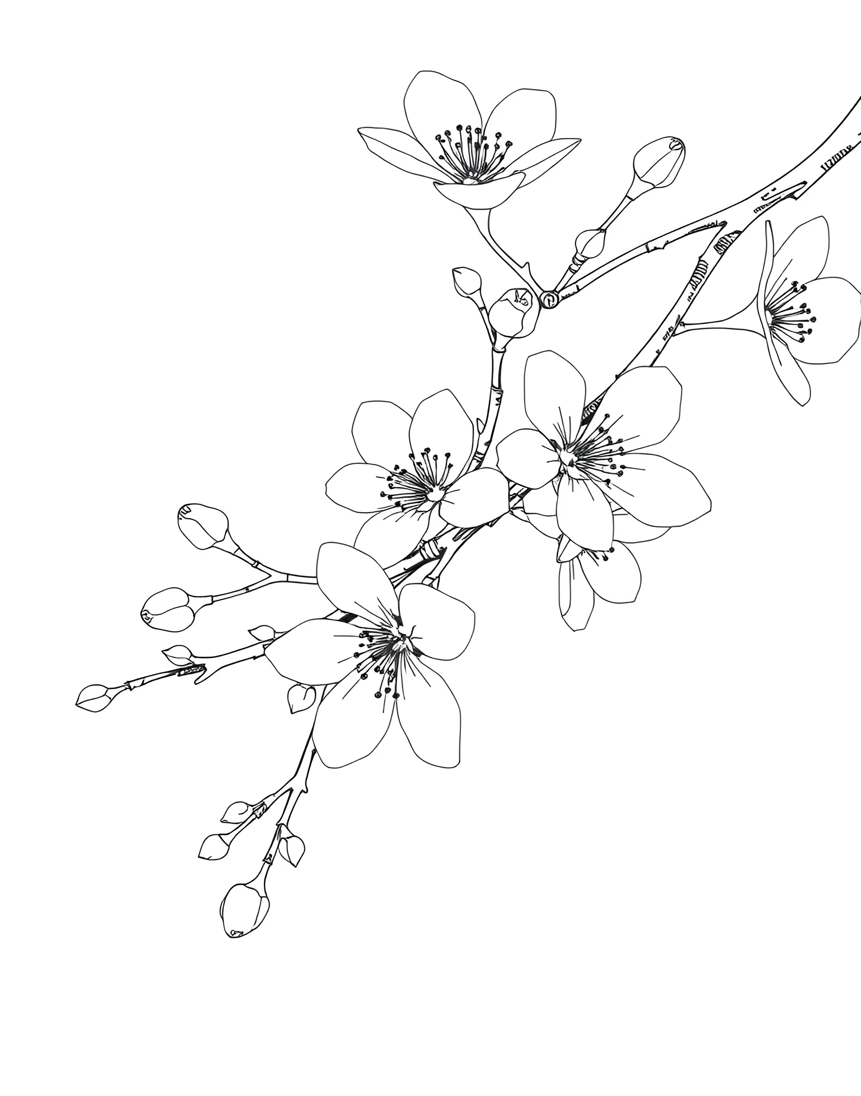 Delicate Cherry Blossom Branch Coloring Page -- prompt: "A single branch of cherry blossoms with delicate flowers and buds." -- Capture the essence of spring with this delicate cherry blossom branch coloring page. The intricate petals and graceful stems offer a serene and peaceful coloring experience. This page is ideal for those who enjoy precise, detailed work and appreciate the subtle beauty of these iconic blossoms.