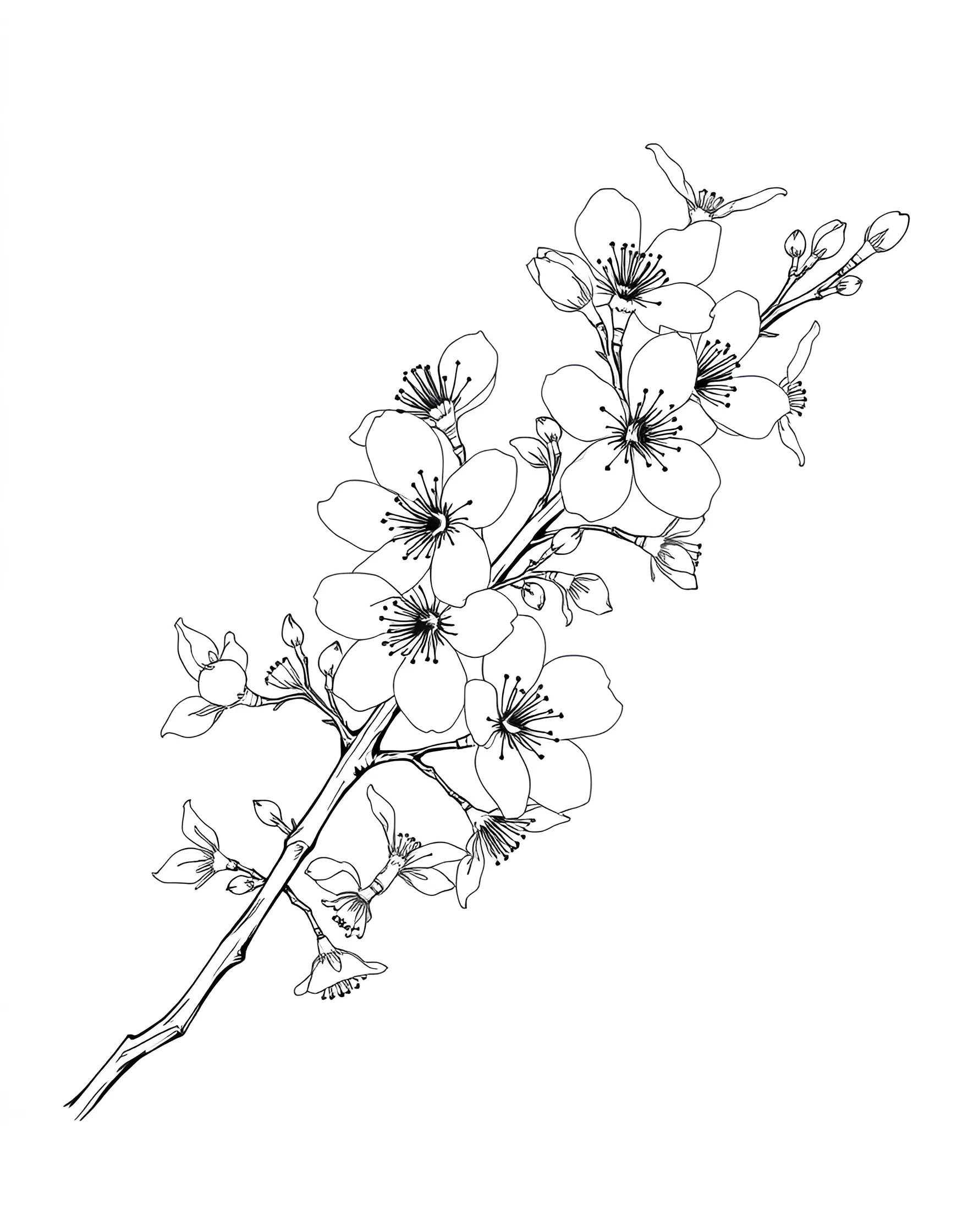 Delicate Cherry Blossom Branch Coloring Page -- prompt: "A single branch of cherry blossoms with delicate flowers and buds." -- Capture the essence of spring with this delicate cherry blossom branch coloring page. The intricate petals and graceful stems offer a serene and peaceful coloring experience. This page is ideal for those who enjoy precise, detailed work and appreciate the subtle beauty of these iconic blossoms.