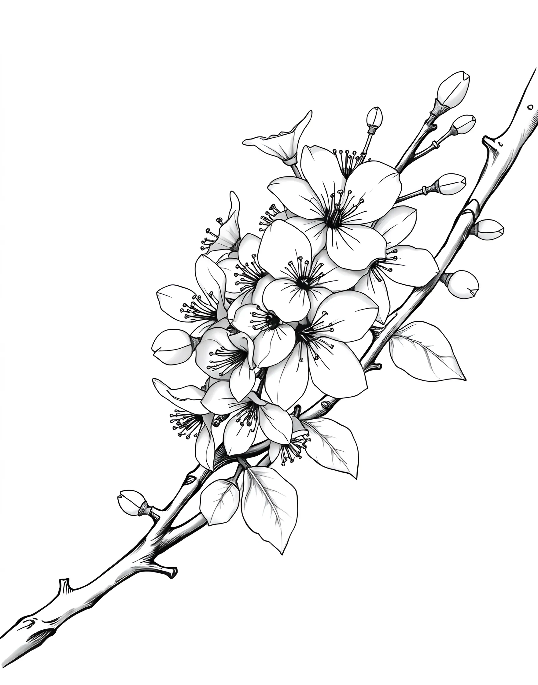 Delicate Cherry Blossom Branch Coloring Page -- prompt: "A single branch of cherry blossoms with delicate flowers and buds." -- Capture the essence of spring with this delicate cherry blossom branch coloring page. The intricate petals and graceful stems offer a serene and peaceful coloring experience. This page is ideal for those who enjoy precise, detailed work and appreciate the subtle beauty of these iconic blossoms.