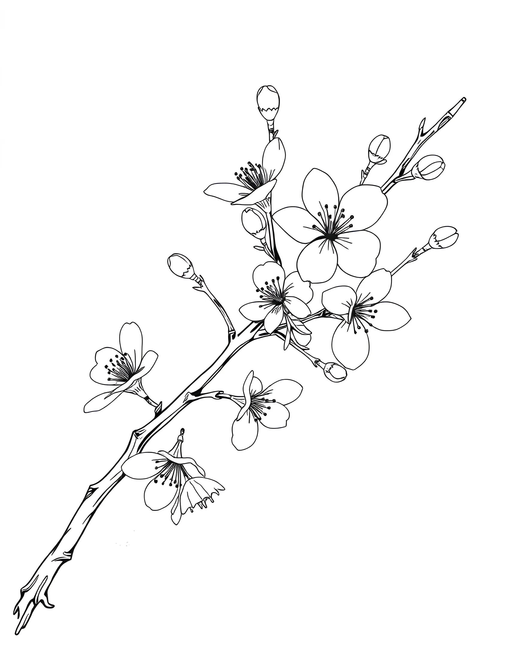 Delicate Cherry Blossom Branch Coloring Page -- prompt: "A single branch of cherry blossoms with delicate flowers and buds." -- Capture the essence of spring with this delicate cherry blossom branch coloring page. The intricate petals and graceful stems offer a serene and peaceful coloring experience. This page is ideal for those who enjoy precise, detailed work and appreciate the subtle beauty of these iconic blossoms.