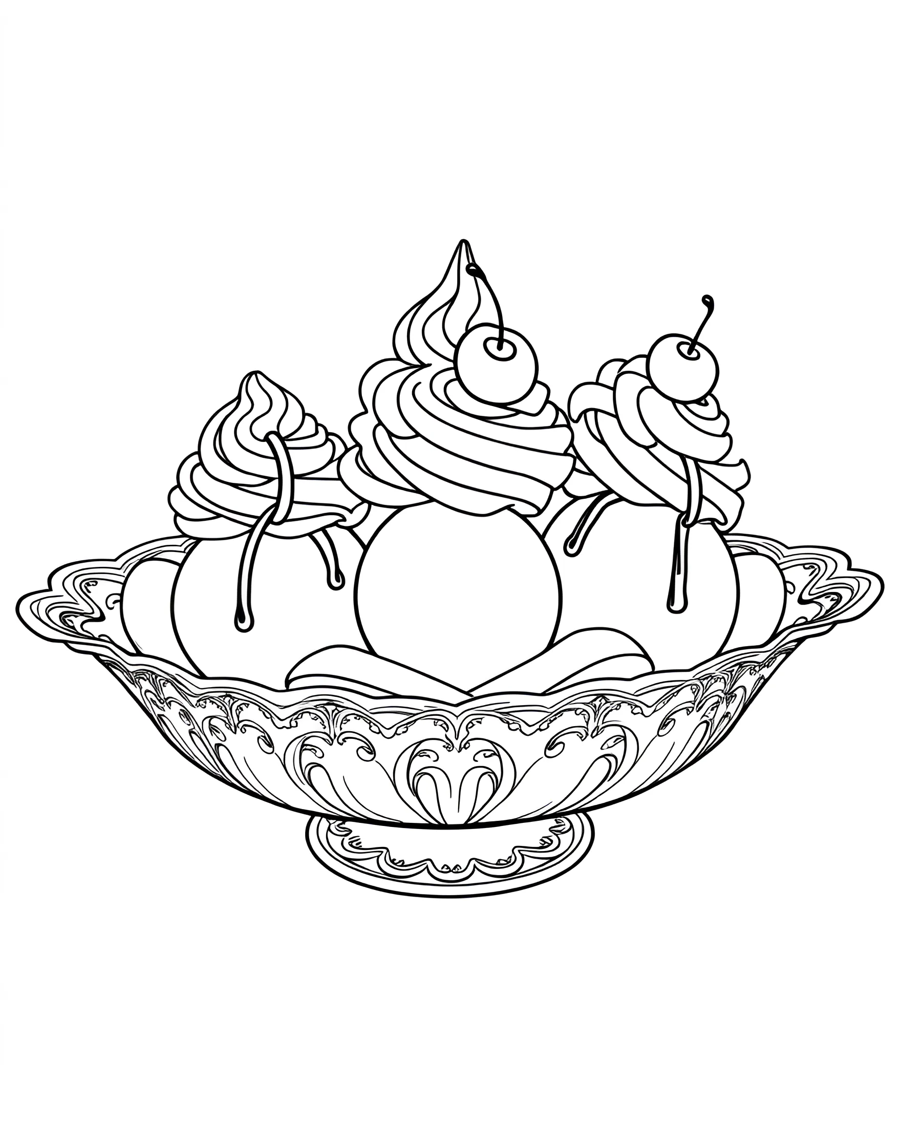 Banana Split Bonanza Coloring Page -- prompt: "A classic banana split in a long dish, featuring three ice cream scoops, banana halves, and various toppings." -- Celebrate a classic dessert with this delightful banana split coloring page. The traditional boat-shaped dish holds scoops of ice cream nestled between banana halves, topped with an array of sauces and garnishes. This page is perfect for those who love detailed coloring and the challenge of making each element stand out.