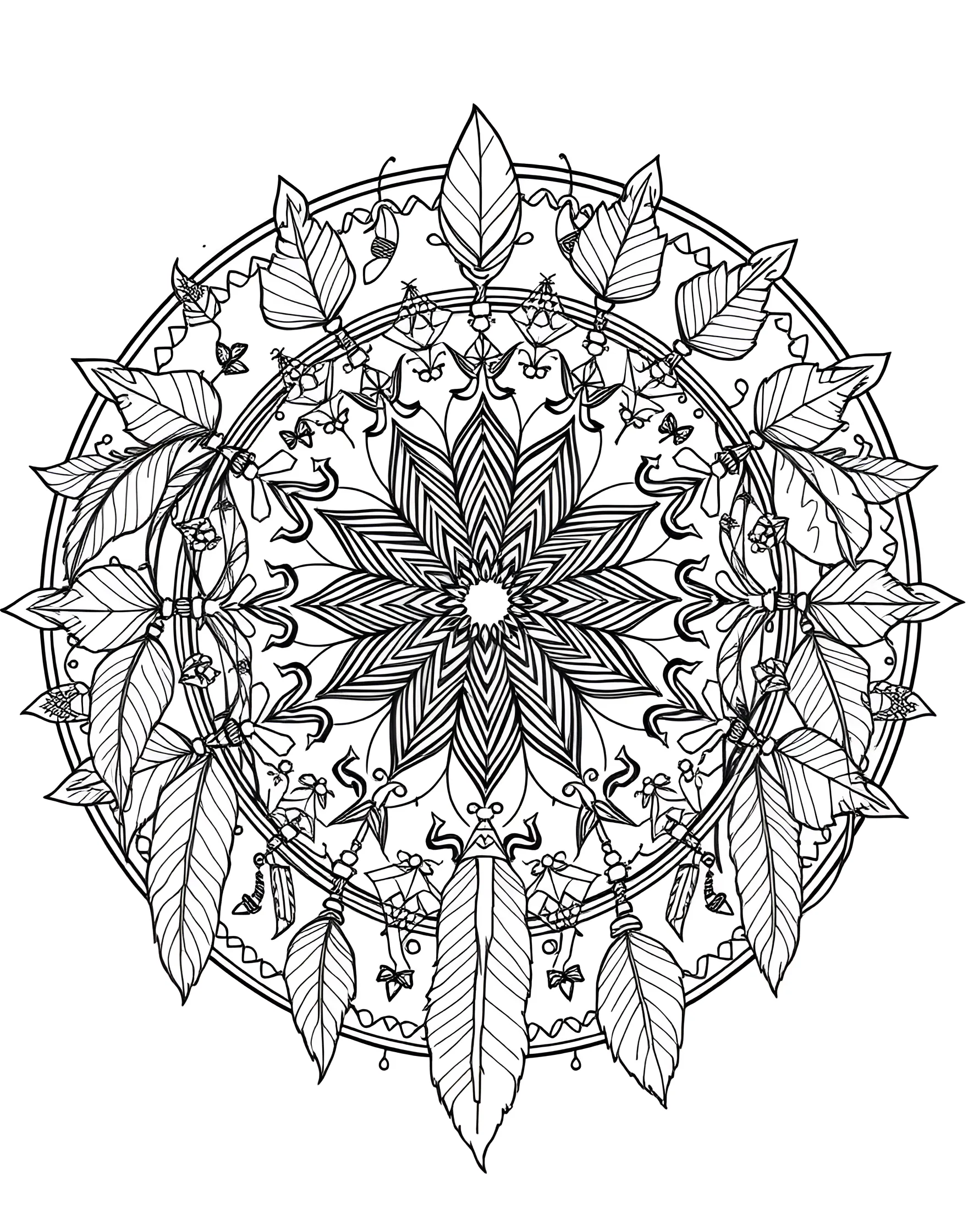 Bohemian Rhapsody Mandala Coloring Page -- prompt: "A circular mandala featuring bohemian elements like feathers, dreamcatchers, and eclectic patterns arranged in a free-spirited design." -- Embrace your free spirit with this bohemian-inspired mandala. Feathers, dreamcatchers, and eclectic patterns combine to create a circular celebration of individuality. Let your most creative color combinations shine in this unique design.