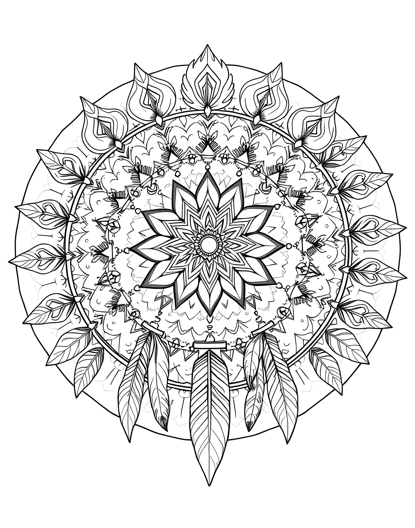 Bohemian Rhapsody Mandala Coloring Page -- prompt: "A circular mandala featuring bohemian elements like feathers, dreamcatchers, and eclectic patterns arranged in a free-spirited design." -- Embrace your free spirit with this bohemian-inspired mandala. Feathers, dreamcatchers, and eclectic patterns combine to create a circular celebration of individuality. Let your most creative color combinations shine in this unique design.