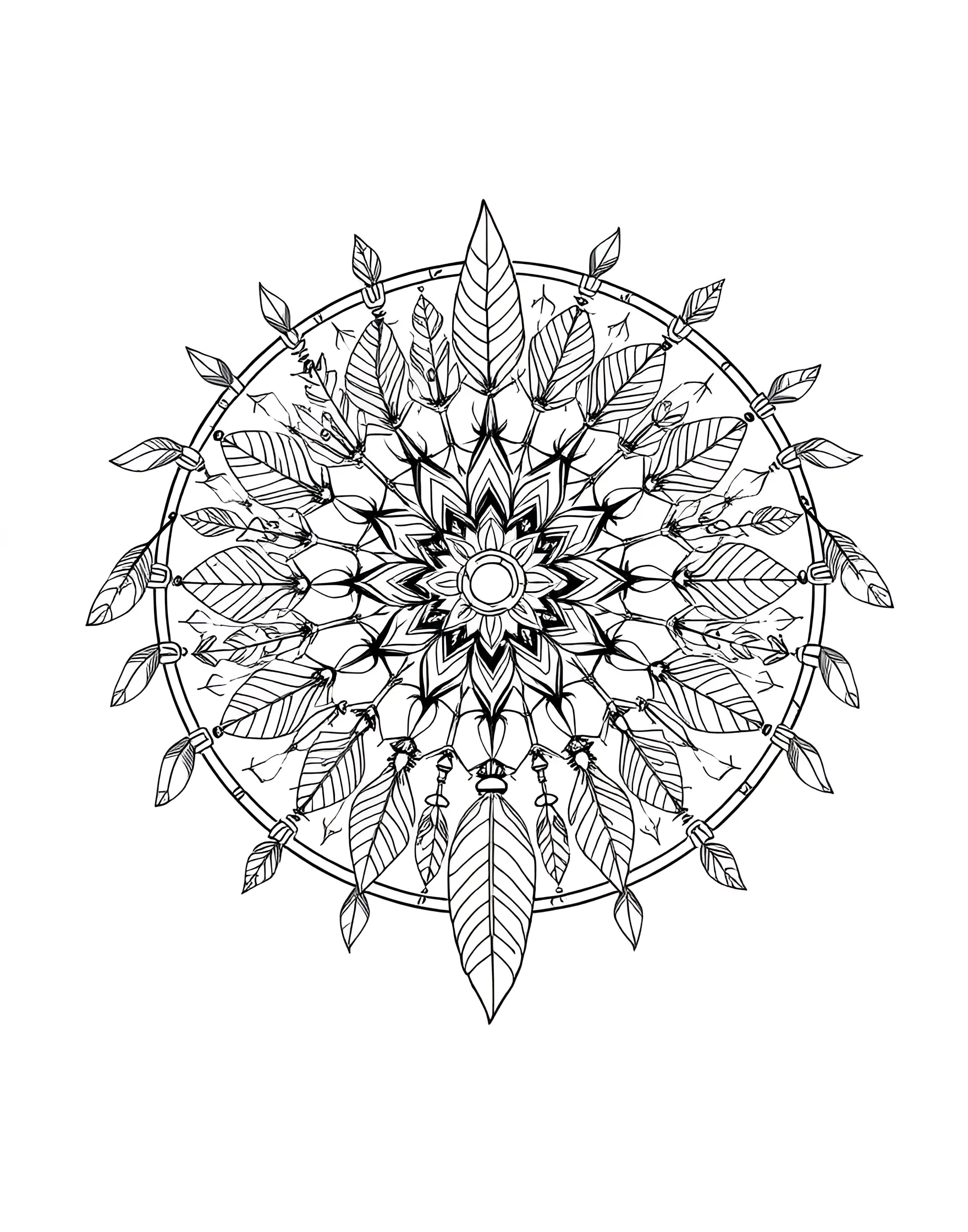 Bohemian Rhapsody Mandala Coloring Page -- prompt: "A circular mandala featuring bohemian elements like feathers, dreamcatchers, and eclectic patterns arranged in a free-spirited design." -- Embrace your free spirit with this bohemian-inspired mandala. Feathers, dreamcatchers, and eclectic patterns combine to create a circular celebration of individuality. Let your most creative color combinations shine in this unique design.