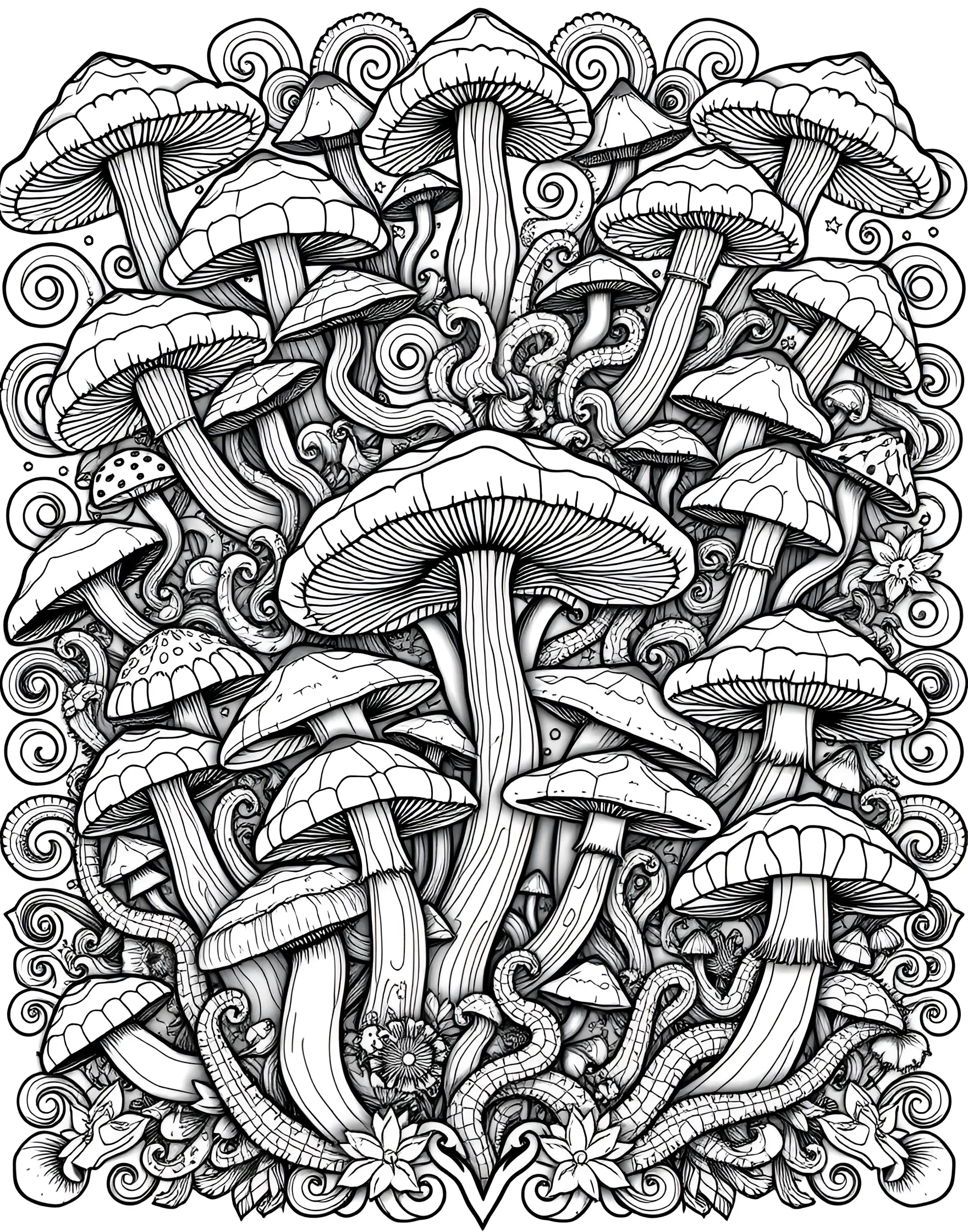 Psychedelic Mushroom Pattern Coloring Page -- prompt: "A repeating pattern of stylized, psychedelic mushroom designs covering the entire page." -- Unleash your creativity with this groovy, psychedelic mushroom pattern. A repeating design of stylized mushrooms creates a hypnotic and visually striking image. This page is perfect for those who enjoy abstract and retro-inspired art, offering endless possibilities for color combinations.