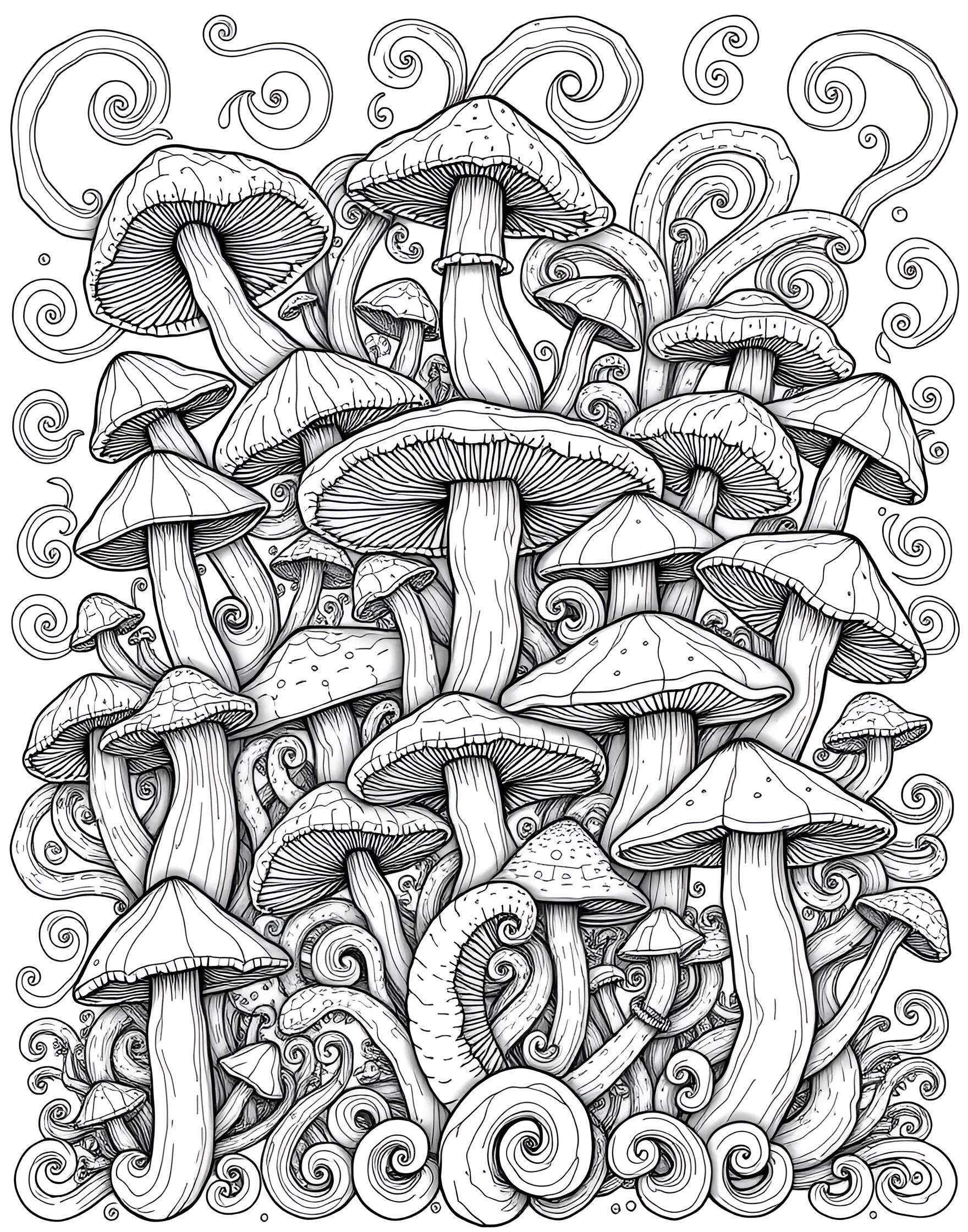 Psychedelic Mushroom Pattern Coloring Page -- prompt: "A repeating pattern of stylized, psychedelic mushroom designs covering the entire page." -- Unleash your creativity with this groovy, psychedelic mushroom pattern. A repeating design of stylized mushrooms creates a hypnotic and visually striking image. This page is perfect for those who enjoy abstract and retro-inspired art, offering endless possibilities for color combinations.