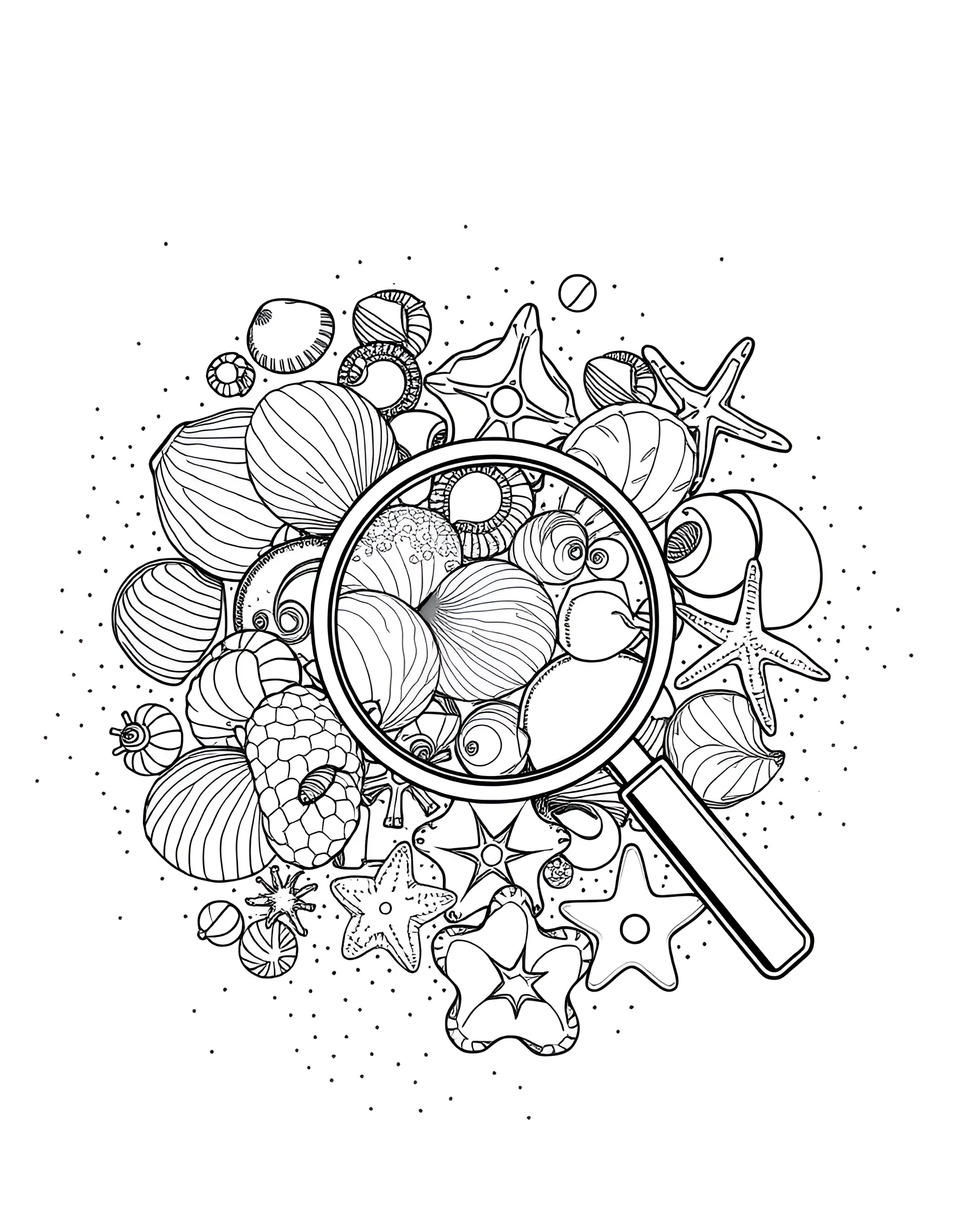 Seashell Collector's Delight Coloring Page -- prompt: "A collection of diverse seashells arranged on the sand with a magnifying glass nearby." -- Celebrate the beauty of seashells with this detailed coloring page. The scene showcases a variety of intricate shells arranged artfully on the sand, from spiraling conches to delicate sand dollars. A magnifying glass hints at the close examination of these natural wonders.