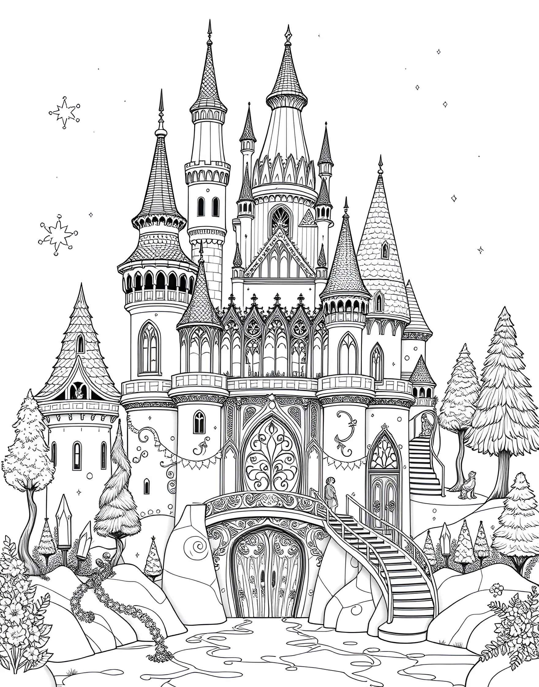 Whimsical Fairy Tale Castle Coloring Page -- prompt: "A fantastical fairy tale castle with various whimsical and magical elements." -- Enter a world of fantasy with this whimsical fairy tale castle coloring page. The design features a majestic castle with towering spires, drawbridges, and magical elements. As you color, let your imagination soar and create your own enchanted kingdom.