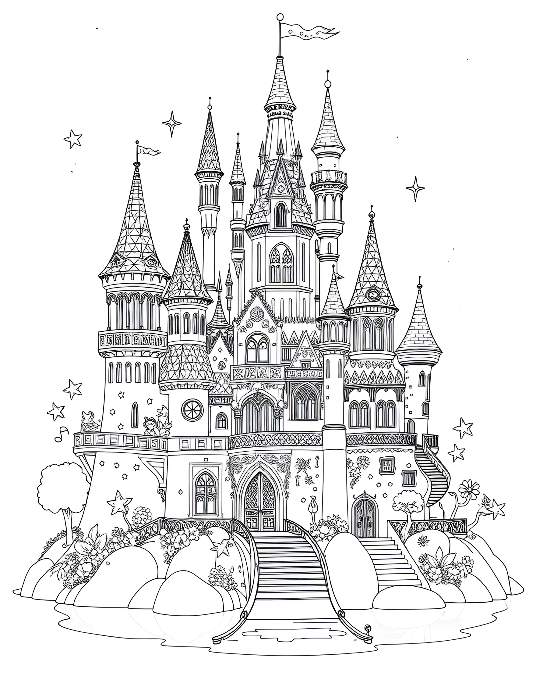 Whimsical Fairy Tale Castle Coloring Page -- prompt: "A fantastical fairy tale castle with various whimsical and magical elements." -- Enter a world of fantasy with this whimsical fairy tale castle coloring page. The design features a majestic castle with towering spires, drawbridges, and magical elements. As you color, let your imagination soar and create your own enchanted kingdom.