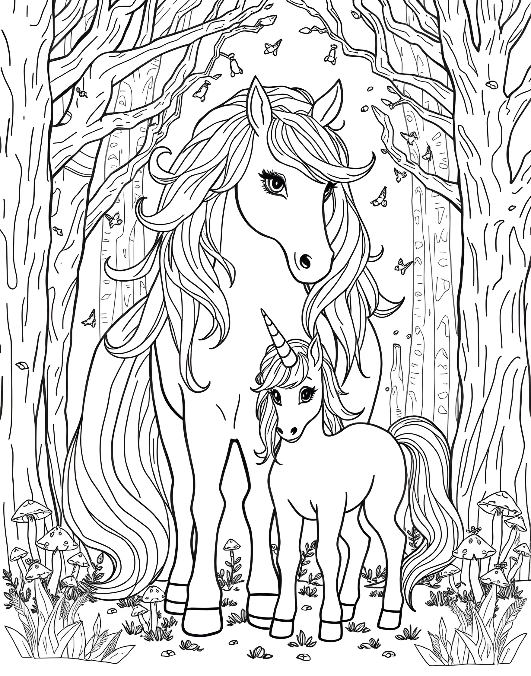 Unicorn Family Portrait Coloring Page -- prompt: "An adult unicorn standing protectively next to a baby unicorn in a forest setting." -- Celebrate family bonds with this heartwarming coloring page of a unicorn family. A majestic adult unicorn stands protectively over its foal, showcasing the tender relationship between parent and child. This page is perfect for those who appreciate family-themed imagery.