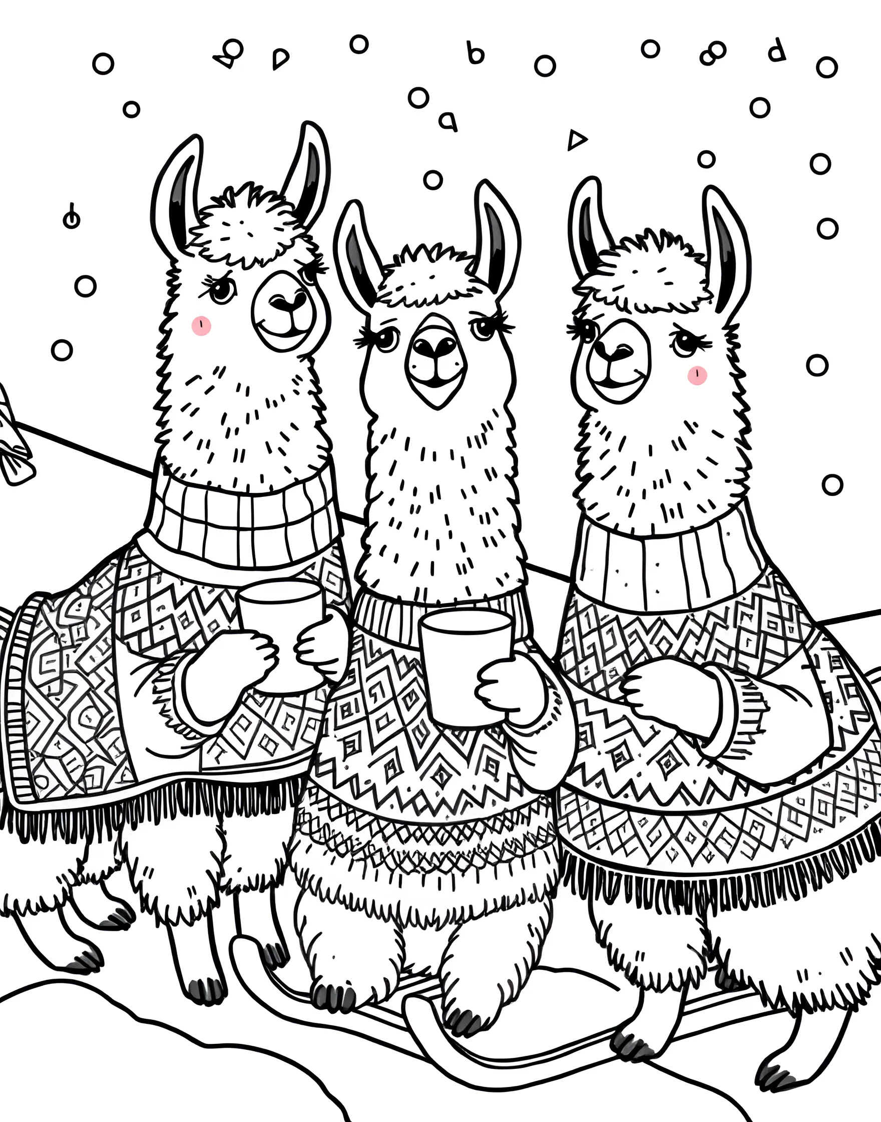 Llama's Woolly Winter Wonderland Coloring Page -- prompt: "Cute llamas in sweaters enjoying winter activities in a snowy landscape." -- Cozy up with this charming coloring page showcasing llamas in a woolly winter wonderland. The scene shows llamas ice skating on a frozen lake, building snow-llamas, and enjoying hot cocoa, all while wearing their own colorful wool sweaters. It's a warm and cute celebration of winter fun.