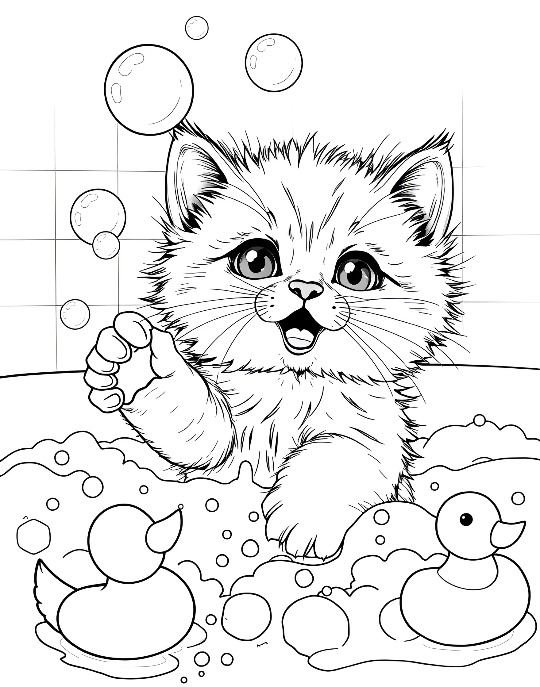 Kitten's Bubble Bath Adventure Coloring Page -- prompt: "A kitten in a bubble bath, playfully pawing at floating bubbles." -- Dive into bathtime fun with this adorable kitten coloring page. Set in a bubble-filled bathtub, a playful kitten is shown batting at floating bubbles with wide-eyed excitement. This page captures the joy and silliness of a kitten's first encounter with bubbles.