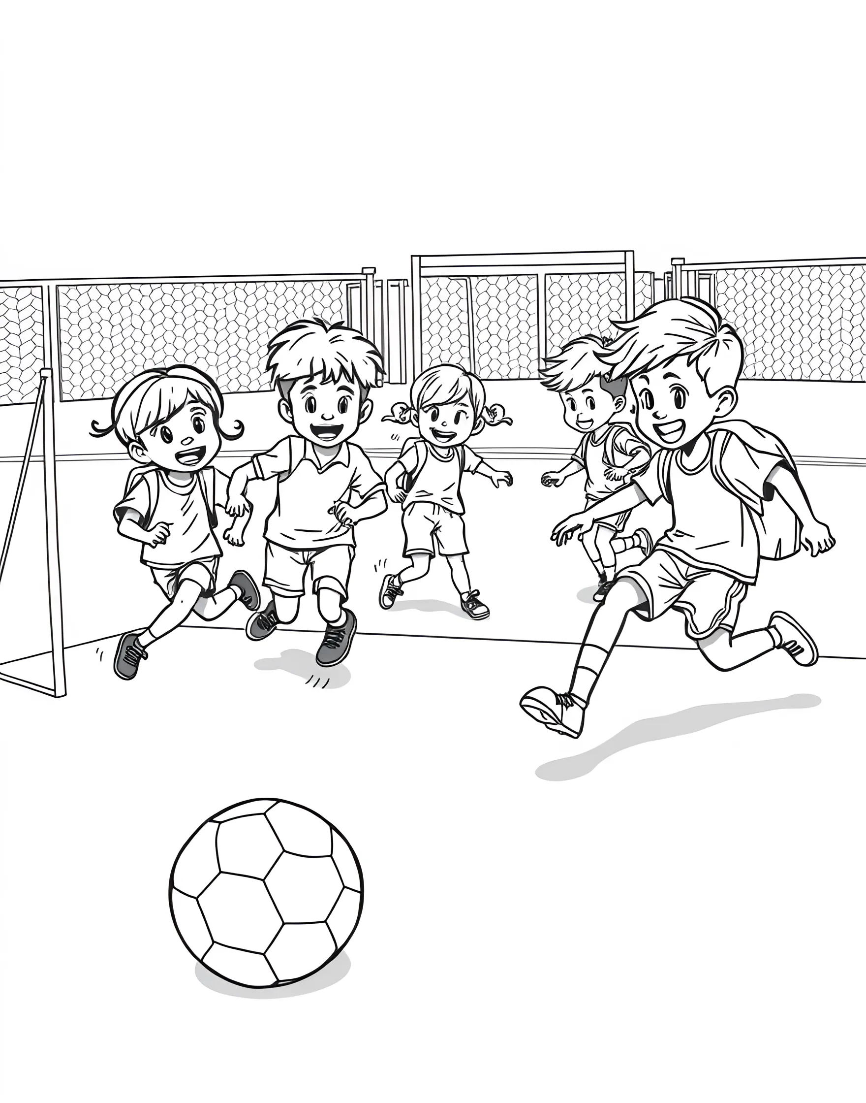 Soccer Playground Scene Coloring Page -- prompt: "Children playing an informal soccer game in a playground with makeshift goals." -- This nostalgic coloring page shows children playing soccer in a playground. It features kids of various ages enjoying a casual game with makeshift goals. This page celebrates the grassroots joy of soccer at its most basic level.