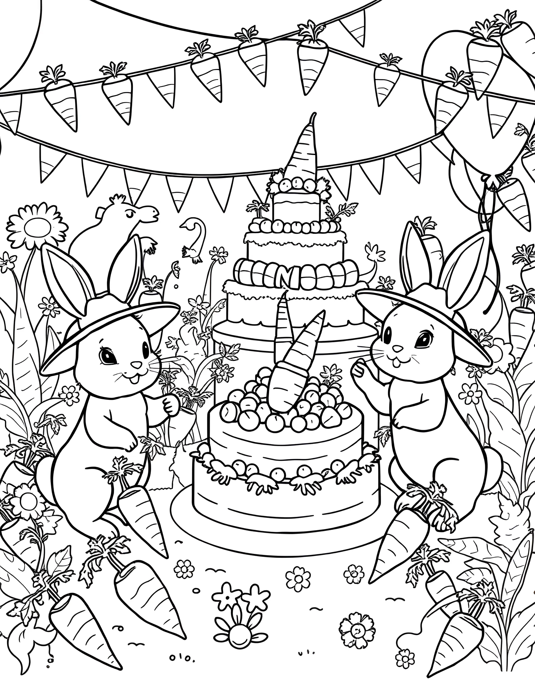 Bunny's Carrot Harvest Festival Coloring Page -- prompt: "Cute bunnies harvesting carrots and celebrating in a carrot-themed festival." -- Hop into harvest season with this delightful coloring page featuring bunnies celebrating their carrot harvest festival. The scene depicts bunnies pulling giant carrots from the ground, creating carrot-themed decorations, and enjoying carrot treats. It's a joyful and cute celebration of bunny's favorite vegetable.