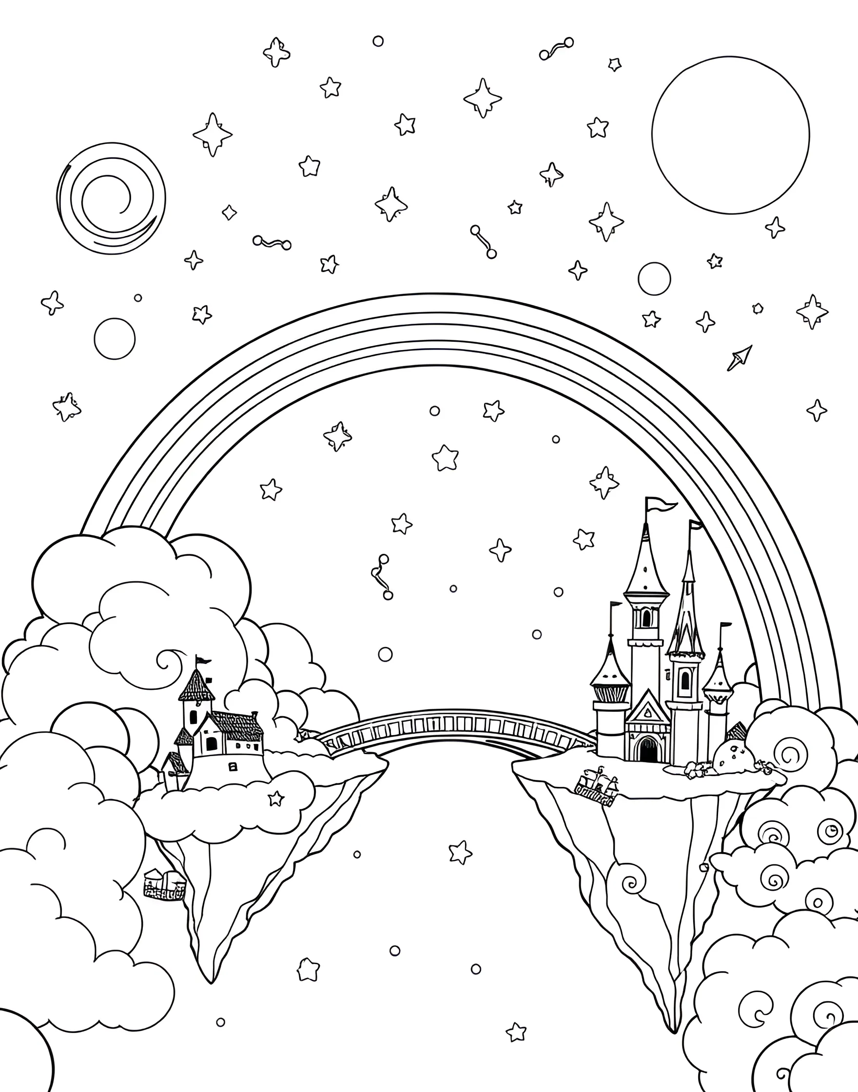 Rainbow Bridge Coloring Page -- prompt: "A rainbow forming a bridge between two small floating islands in a starry sky." -- This magical coloring page depicts a rainbow as a bridge between two floating islands. The fantastical scene includes clouds, stars, and whimsical vegetation. It's ideal for those who love to color imaginative and dreamlike landscapes.