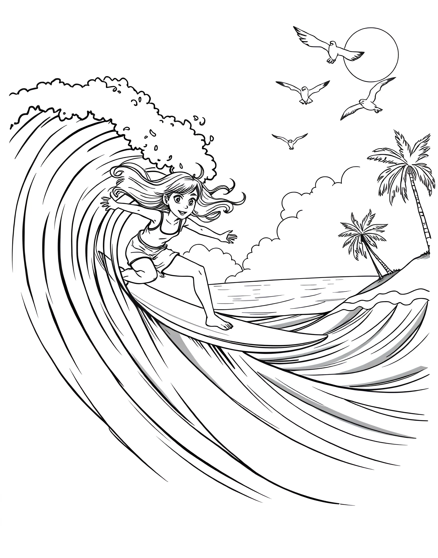 Surfer Girl Riding the Waves Coloring Page -- prompt: "A girl surfing on a large wave with a beach and palm trees in the background." -- Catch the excitement of surfing with this cool coloring page. A girl surfer rides a massive wave, her hair flowing in the wind and a confident smile on her face. The dynamic ocean scene, complete with splashing water and distant palm trees, offers a fun coloring challenge for young beach enthusiasts.