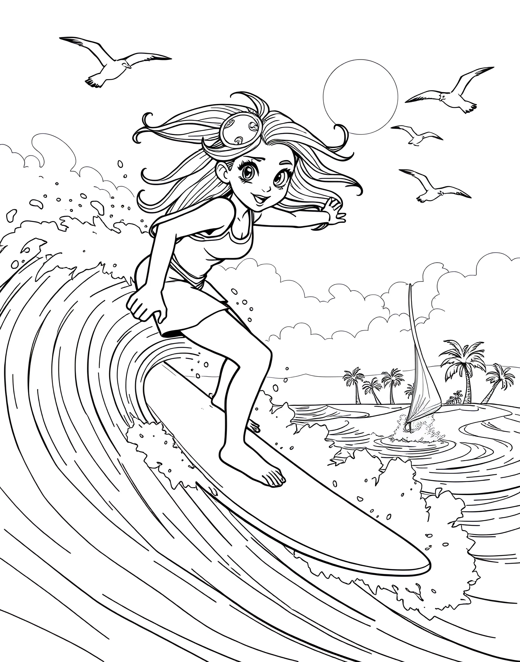 Surfer Girl Riding the Waves Coloring Page -- prompt: "A girl surfing on a large wave with a beach and palm trees in the background." -- Catch the excitement of surfing with this cool coloring page. A girl surfer rides a massive wave, her hair flowing in the wind and a confident smile on her face. The dynamic ocean scene, complete with splashing water and distant palm trees, offers a fun coloring challenge for young beach enthusiasts.