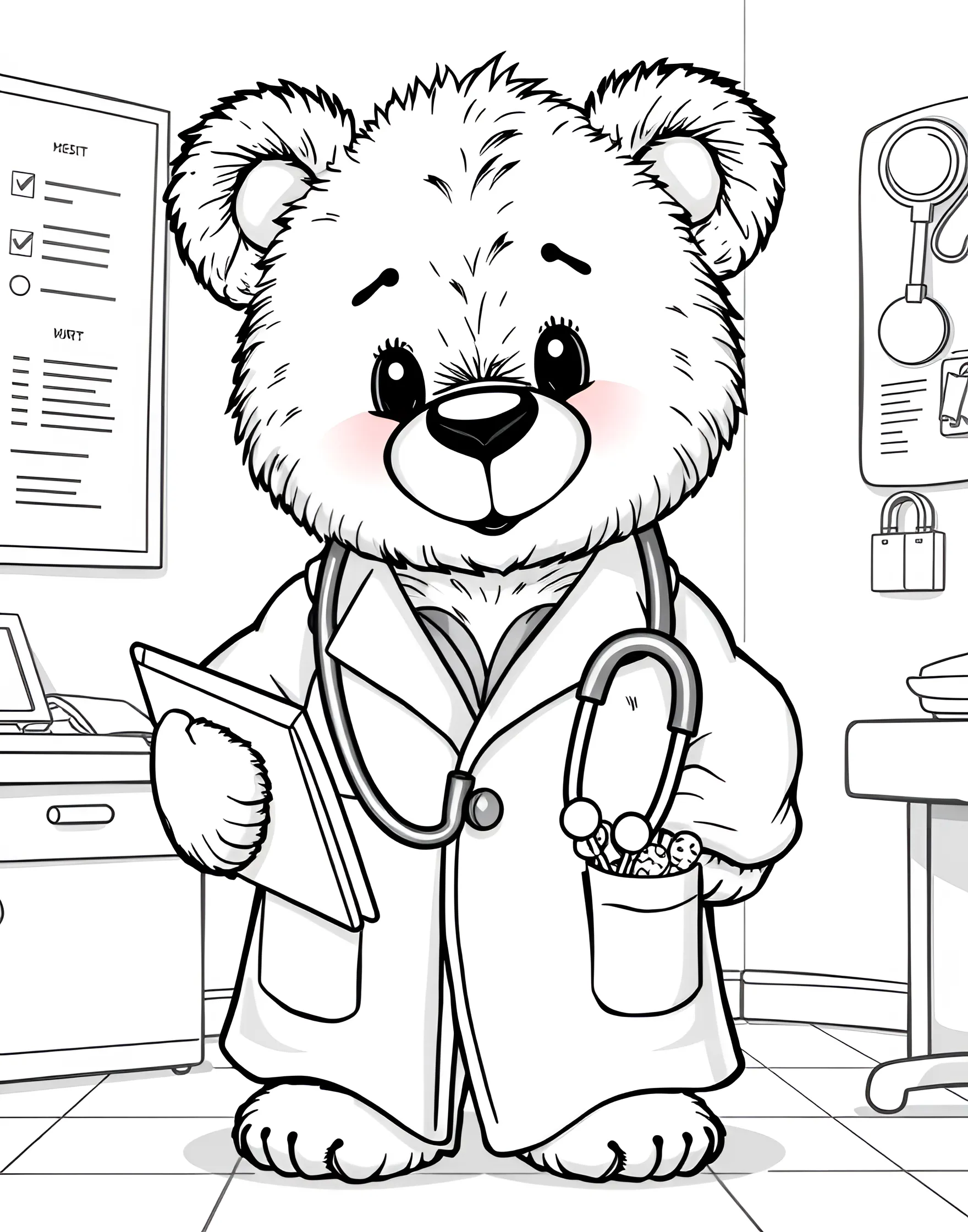 Teddy Bear Doctor Coloring Page -- prompt: "A teddy bear dressed as a doctor with a white coat and stethoscope." -- Combine playtime and learning with this cute teddy bear doctor coloring page. The stuffed bear is dressed in a doctor's coat and stethoscope, ready to care for its patients. This imaginative scene is perfect for young children interested in medical play or anyone who loves a touch of whimsy.