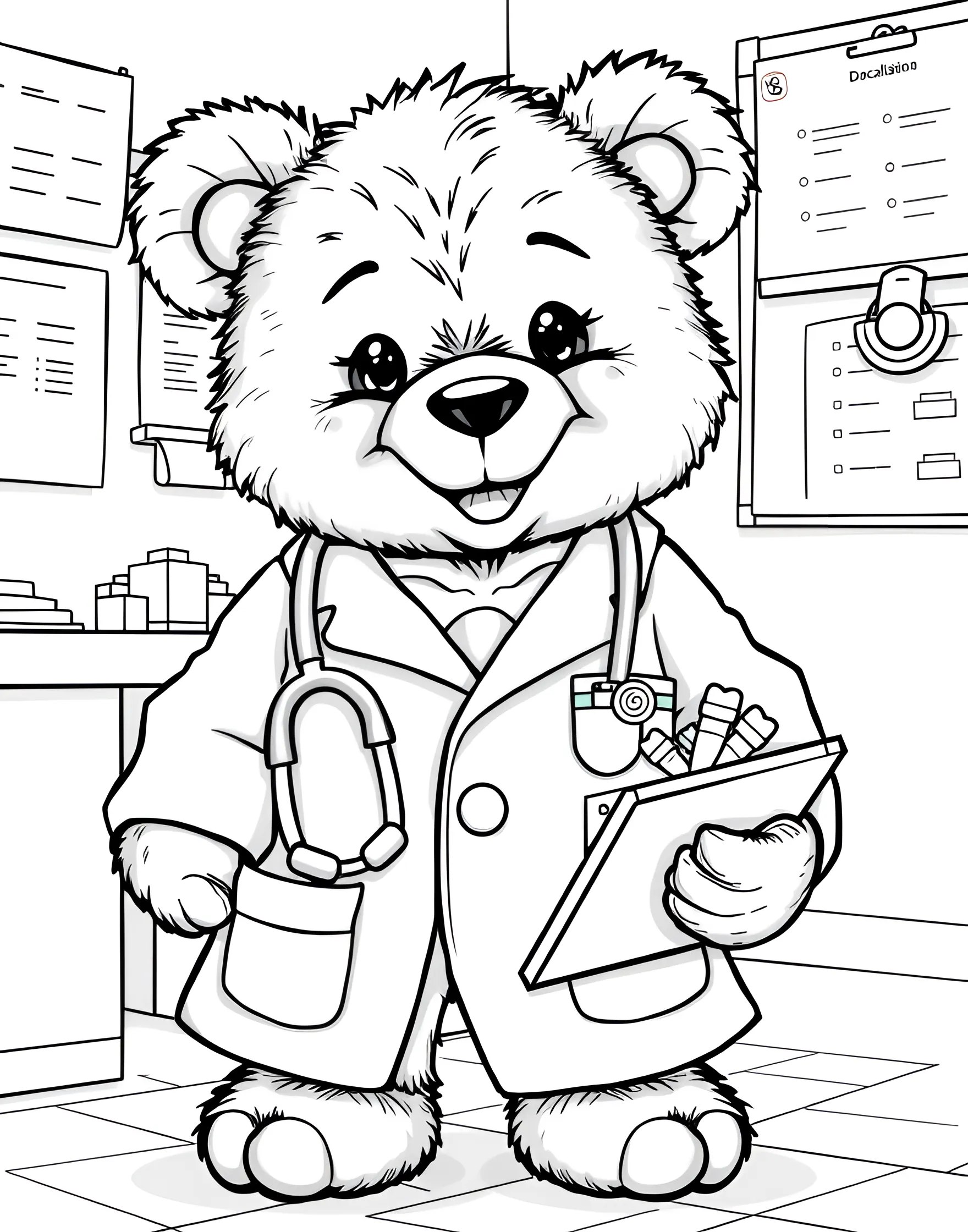 Teddy Bear Doctor Coloring Page -- prompt: "A teddy bear dressed as a doctor with a white coat and stethoscope." -- Combine playtime and learning with this cute teddy bear doctor coloring page. The stuffed bear is dressed in a doctor's coat and stethoscope, ready to care for its patients. This imaginative scene is perfect for young children interested in medical play or anyone who loves a touch of whimsy.