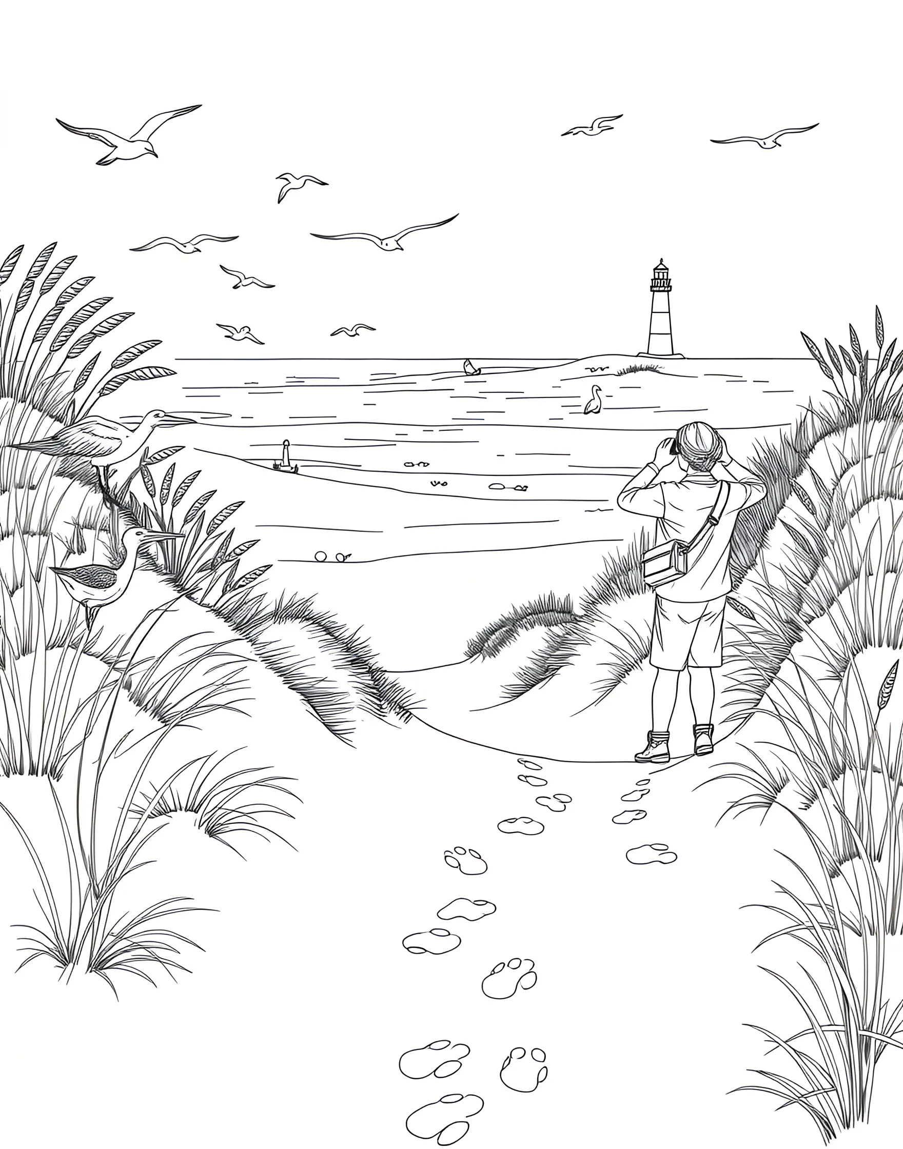 Coastal Birdwatching Adventure Coloring Page -- prompt: "Birdwatchers observing various coastal birds on a beach with dunes and beach grass in the background." -- Explore the world of shore birds with this nature-focused coloring page. The scene shows a group of birdwatchers with binoculars and guidebooks, observing a variety of coastal birds like seagulls, pelicans, and sandpipers. Dunes and beach grass provide a natural habitat backdrop.