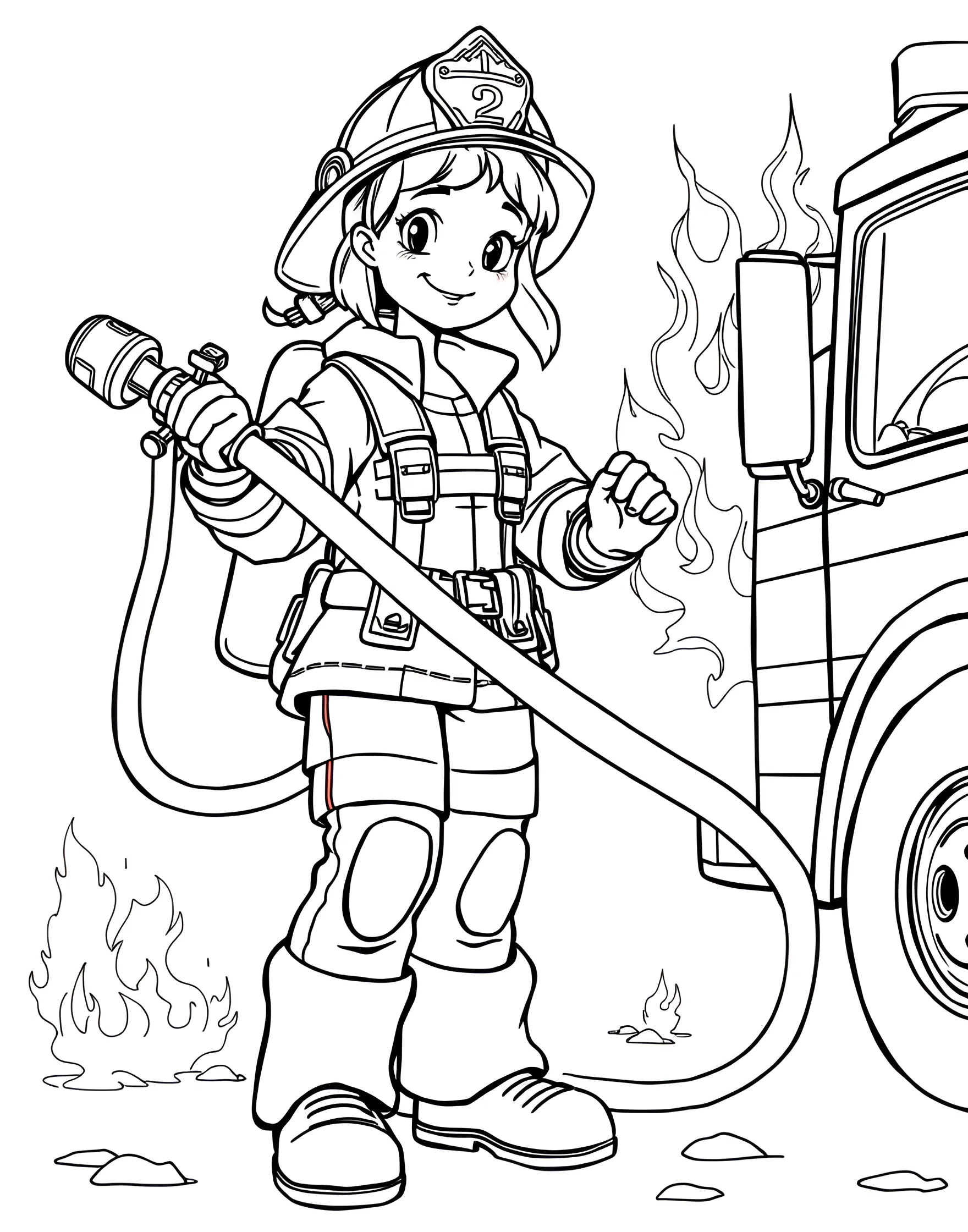 Firefighter Girl Saving the Day Coloring Page -- prompt: "A girl firefighter in full gear using a hose to put out a fire, with a fire truck nearby." -- Honor brave first responders with this heroic firefighter coloring page. A young girl in full firefighter gear holds a hose, battling a blaze. The detailed fire truck, emergency equipment, and action-packed scene provide exciting coloring opportunities while celebrating courage and public service.