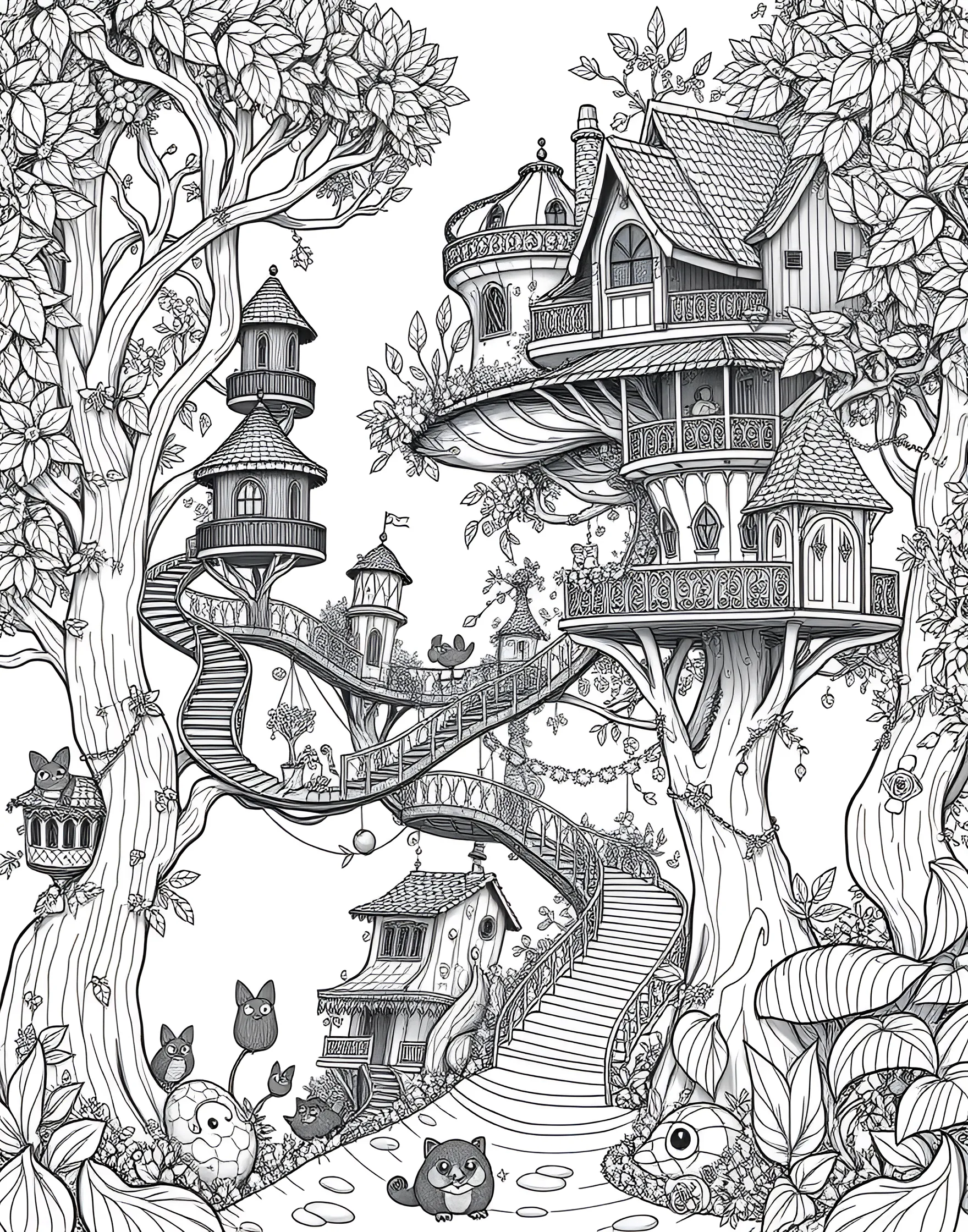 Whimsical Treehouse Village Coloring Page -- prompt: "A fantastical scene of multiple treehouses connected by bridges and ladders in a lush forest setting." -- Enter a world of fantasy with this delightful treehouse village coloring page. The design features a series of interconnected treehouses with charming details like rope bridges, ladders, and quirky windows. As you color, let your imagination run wild and create your own magical forest community.