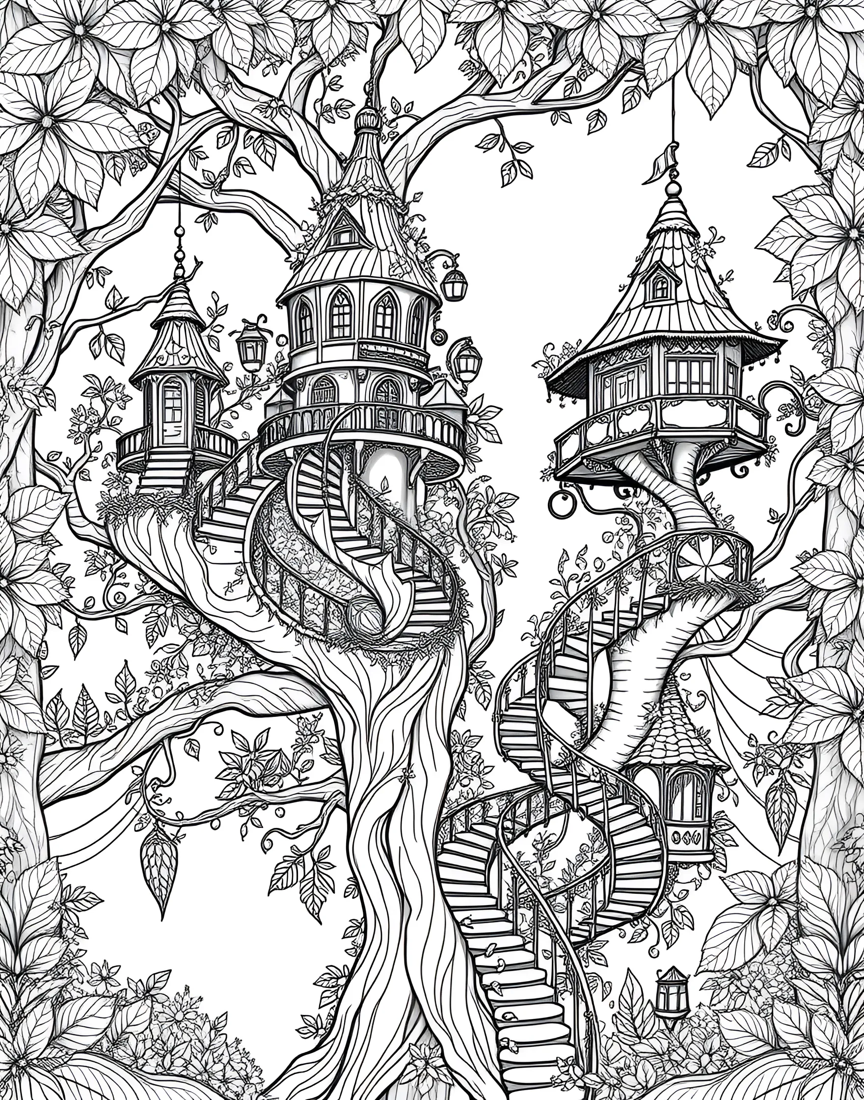 Whimsical Treehouse Village Coloring Page -- prompt: "A fantastical scene of multiple treehouses connected by bridges and ladders in a lush forest setting." -- Enter a world of fantasy with this delightful treehouse village coloring page. The design features a series of interconnected treehouses with charming details like rope bridges, ladders, and quirky windows. As you color, let your imagination run wild and create your own magical forest community.