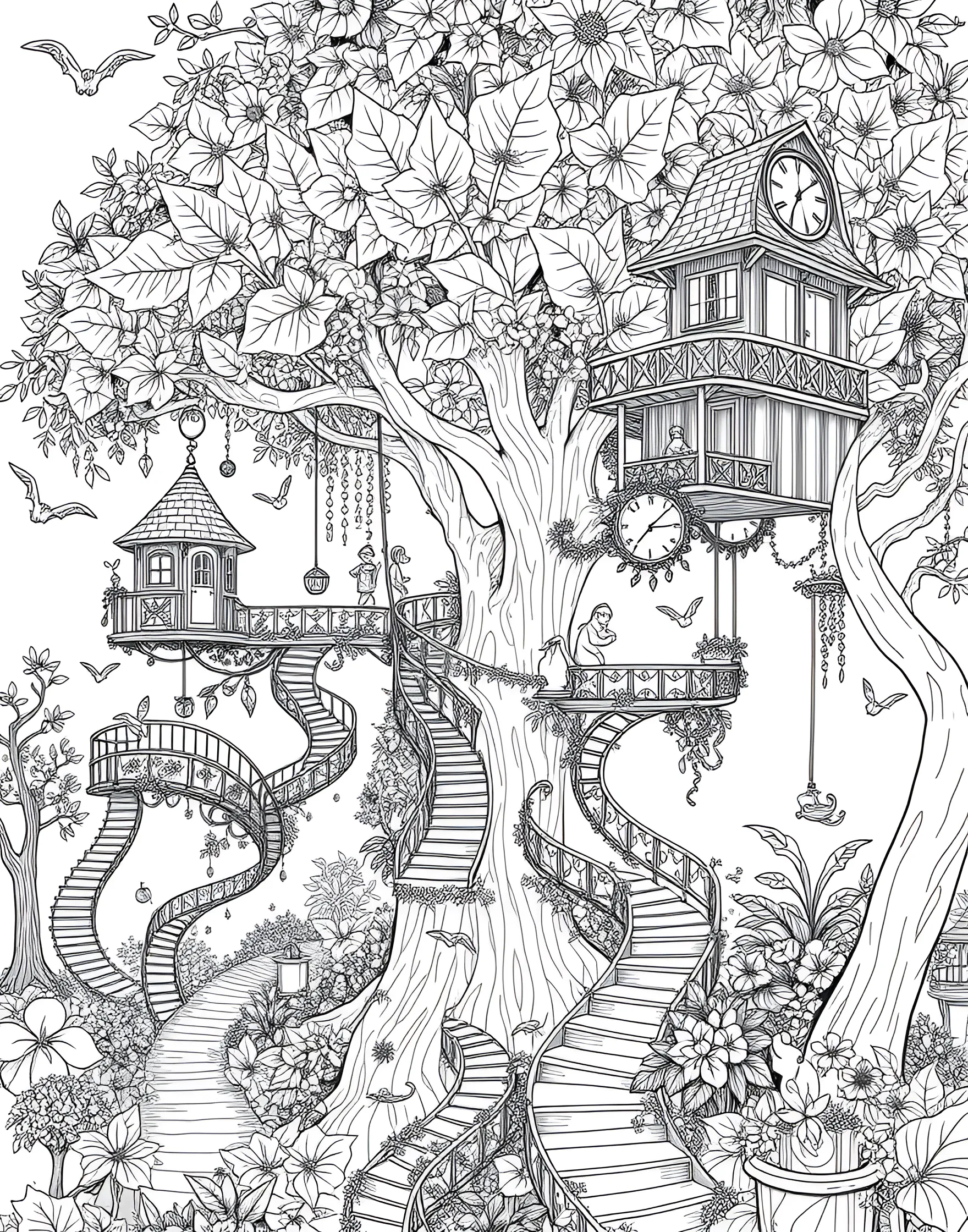 Whimsical Treehouse Village Coloring Page -- prompt: "A fantastical scene of multiple treehouses connected by bridges and ladders in a lush forest setting." -- Enter a world of fantasy with this delightful treehouse village coloring page. The design features a series of interconnected treehouses with charming details like rope bridges, ladders, and quirky windows. As you color, let your imagination run wild and create your own magical forest community.