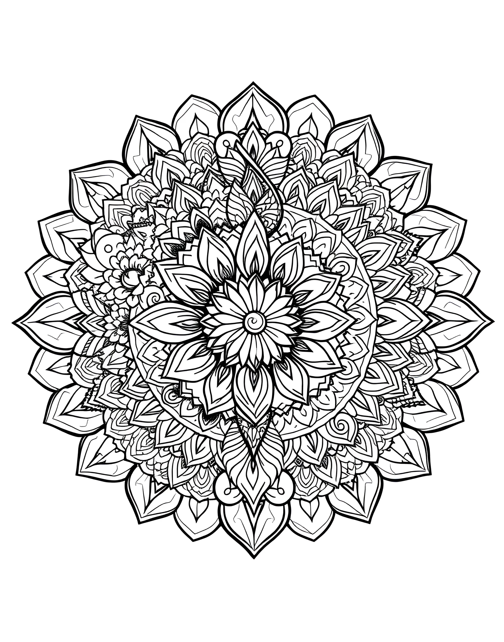 Mandala of Opposites Coloring Page -- prompt: "A mandala divided into two halves, inspired by the yin-yang symbol, with contrasting patterns in each section." -- Embrace duality with this yin-yang inspired mandala. The design is split into light and dark halves, each filled with contrasting patterns that complement and balance each other. This page offers a unique opportunity to explore color theory and harmony.