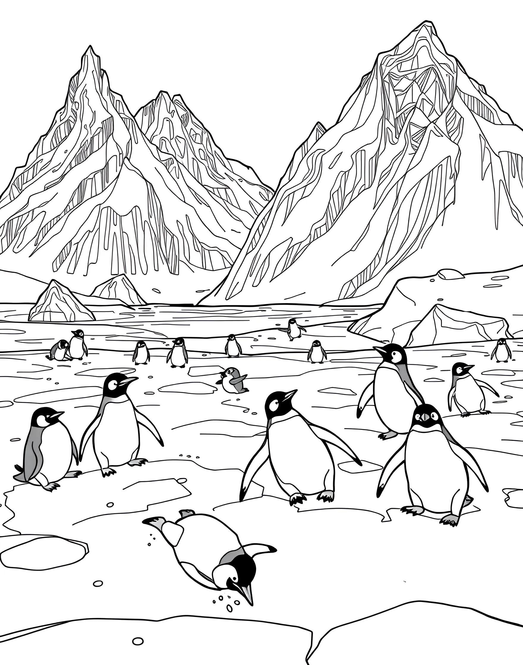 Penguin Playground Coloring Page -- prompt: "A group of penguins playing on an ice sheet, with some sliding, others swimming, and icebergs in the background." -- Chill out with this delightful coloring page featuring a group of penguins at play. The scene shows penguins sliding on ice, swimming, and waddling about in their Antarctic home. This page offers a fun way to learn about different penguin species and their adaptations to cold climates.