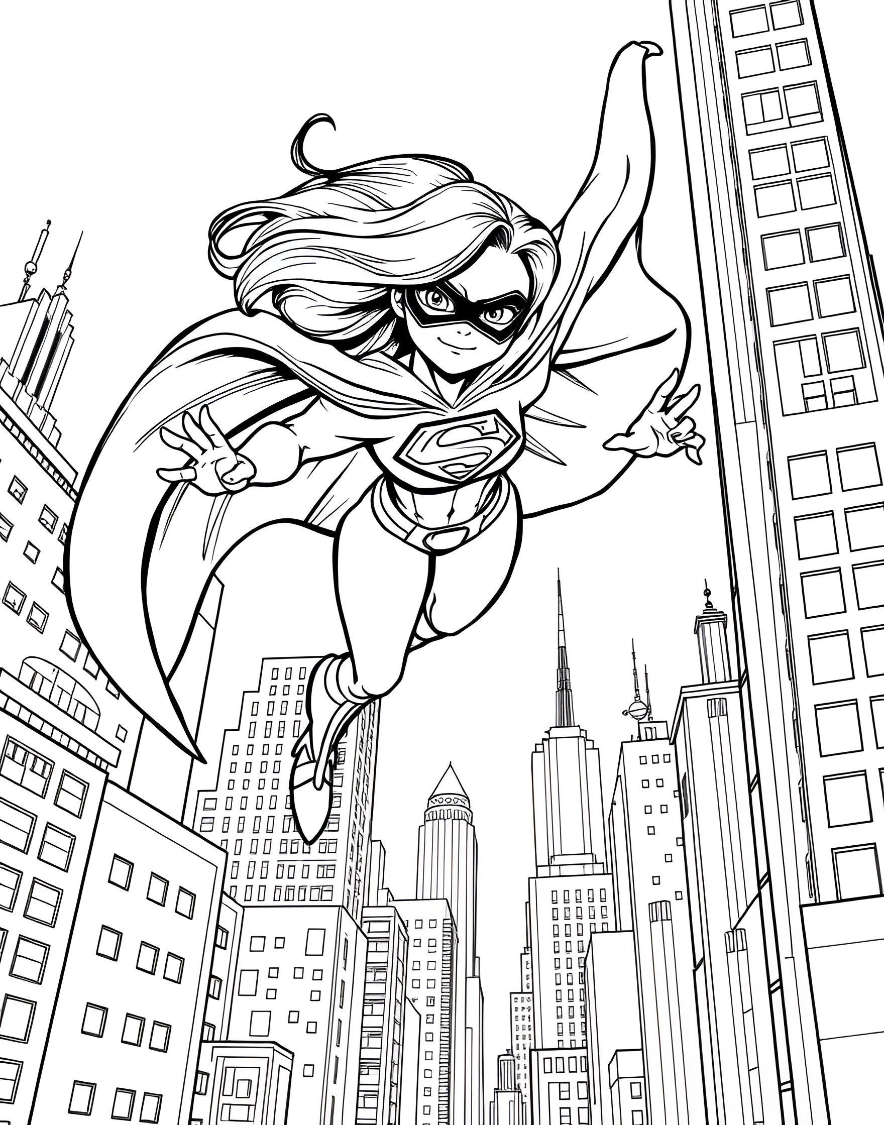 Girl Superhero Saving the Day Coloring Page -- prompt: "A girl superhero flying through a city skyline, wearing a cape and mask." -- Every girl can be a superhero, as shown in this exciting coloring page. The girl superhero is flying through the air, cape billowing behind her, ready to save the day. It's a powerful image that encourages bravery and standing up for what's right.