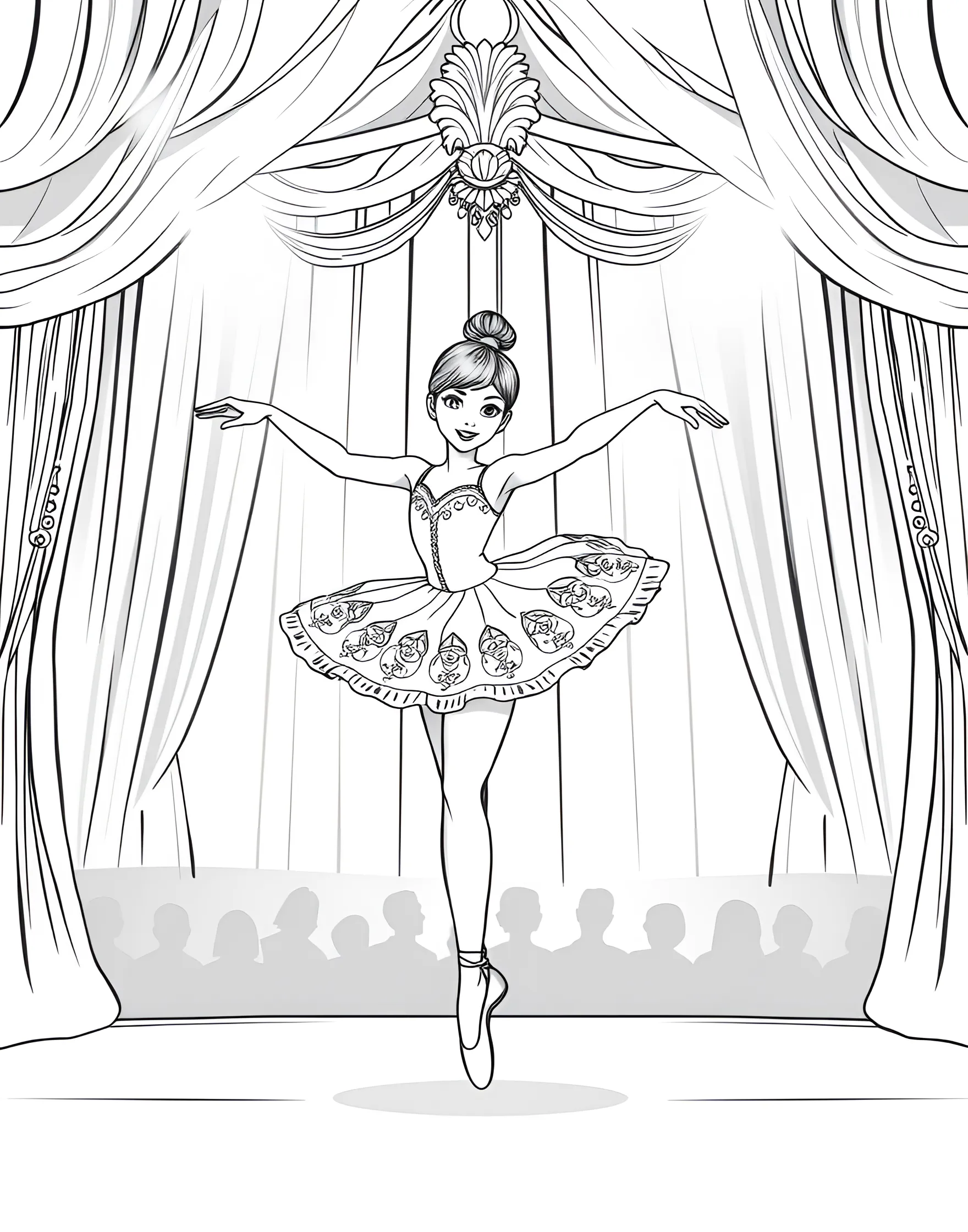 Ballerina Dancer Coloring Page -- prompt: "A young ballerina performing a pirouette on stage with spotlights shining on her." -- This graceful coloring page showcases a young ballerina in mid-pirouette. Her tutu, ballet slippers, and flowing hair provide excellent opportunities for intricate coloring. The stage backdrop and spotlights add depth to the scene, allowing young artists to bring the performance to life with their chosen colors.