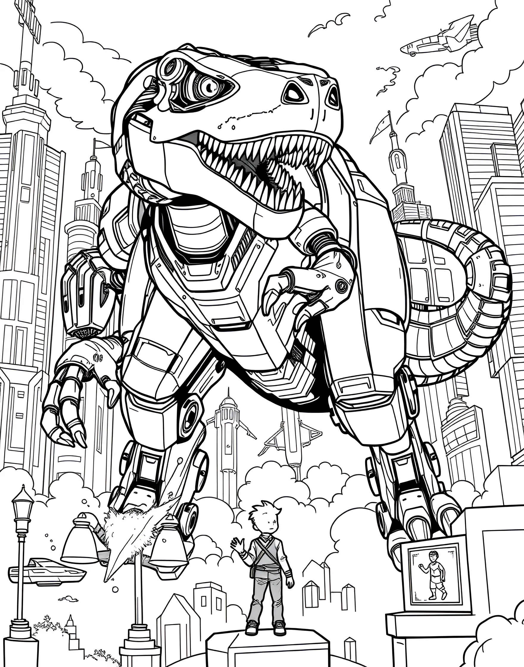 Robotic Dinosaur Coloring Page -- prompt: "A robotic T-Rex with glowing eyes stomping through a futuristic city." -- Combine prehistoric power with futuristic technology in this robotic dinosaur coloring page. A mechanical T-Rex stomps through a cityscape, blending the excitement of dinosaurs with the coolness of robots. This unique page offers boys a chance to explore their imagination and creativity.