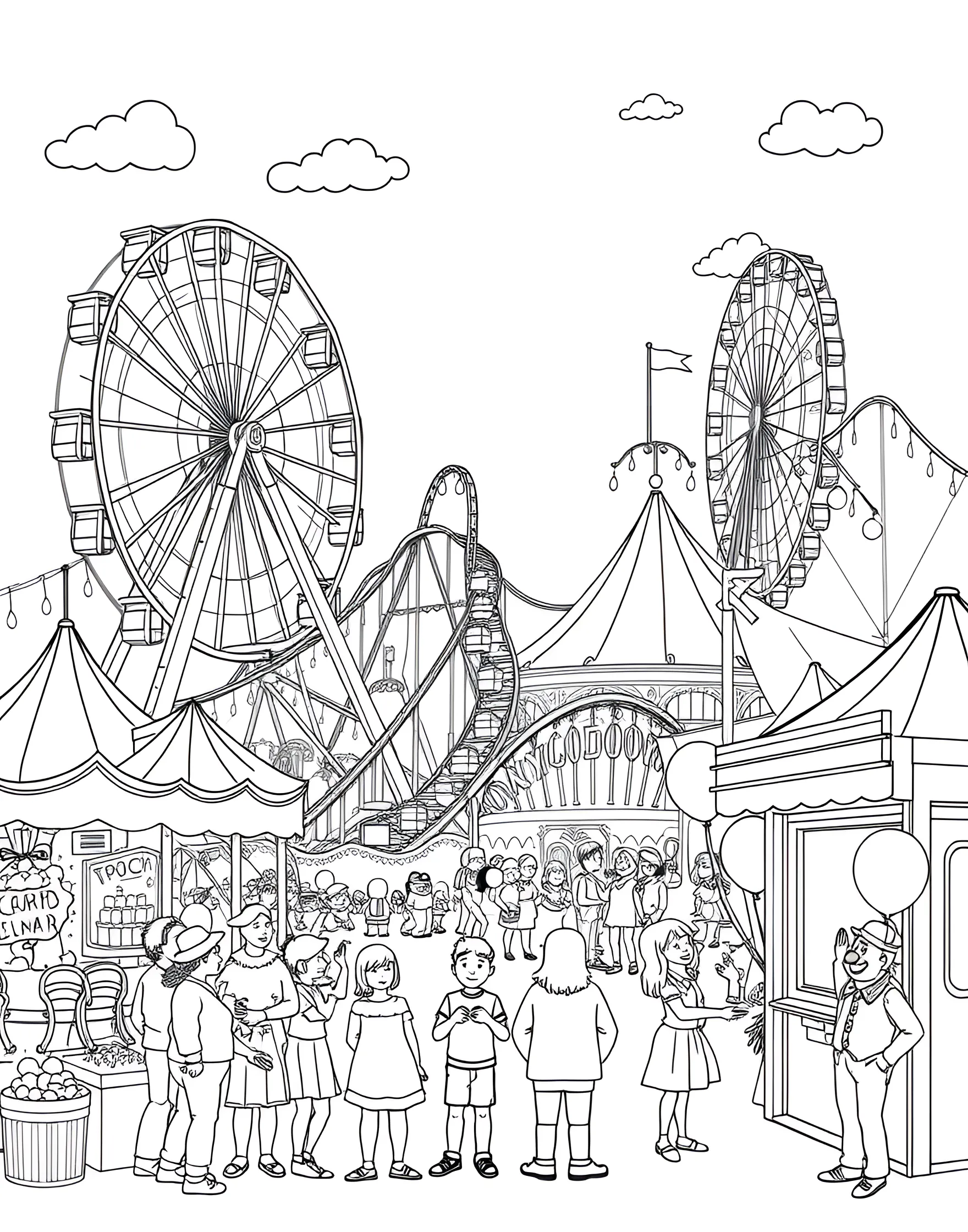 Summer County Fair Coloring Page -- prompt: "A lively county fair with rides, game booths, and people enjoying various attractions." -- Step right up to the excitement of a summer county fair! This scene is packed with classic fair attractions like a Ferris wheel, carousel, game booths, and food stands. Families and friends enjoy the festive atmosphere, capturing the essence of summer celebration.