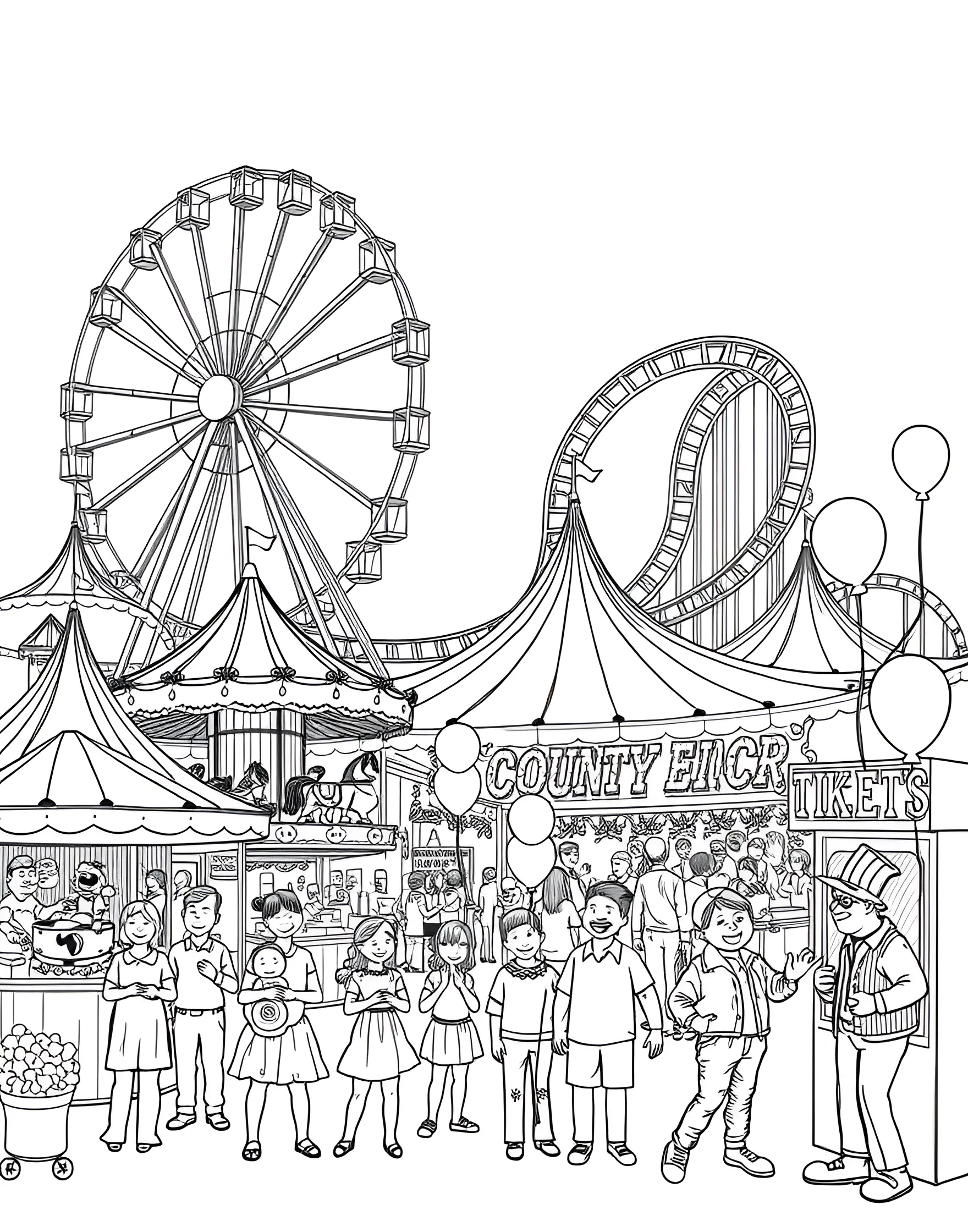 Summer County Fair Coloring Page -- prompt: "A lively county fair with rides, game booths, and people enjoying various attractions." -- Step right up to the excitement of a summer county fair! This scene is packed with classic fair attractions like a Ferris wheel, carousel, game booths, and food stands. Families and friends enjoy the festive atmosphere, capturing the essence of summer celebration.