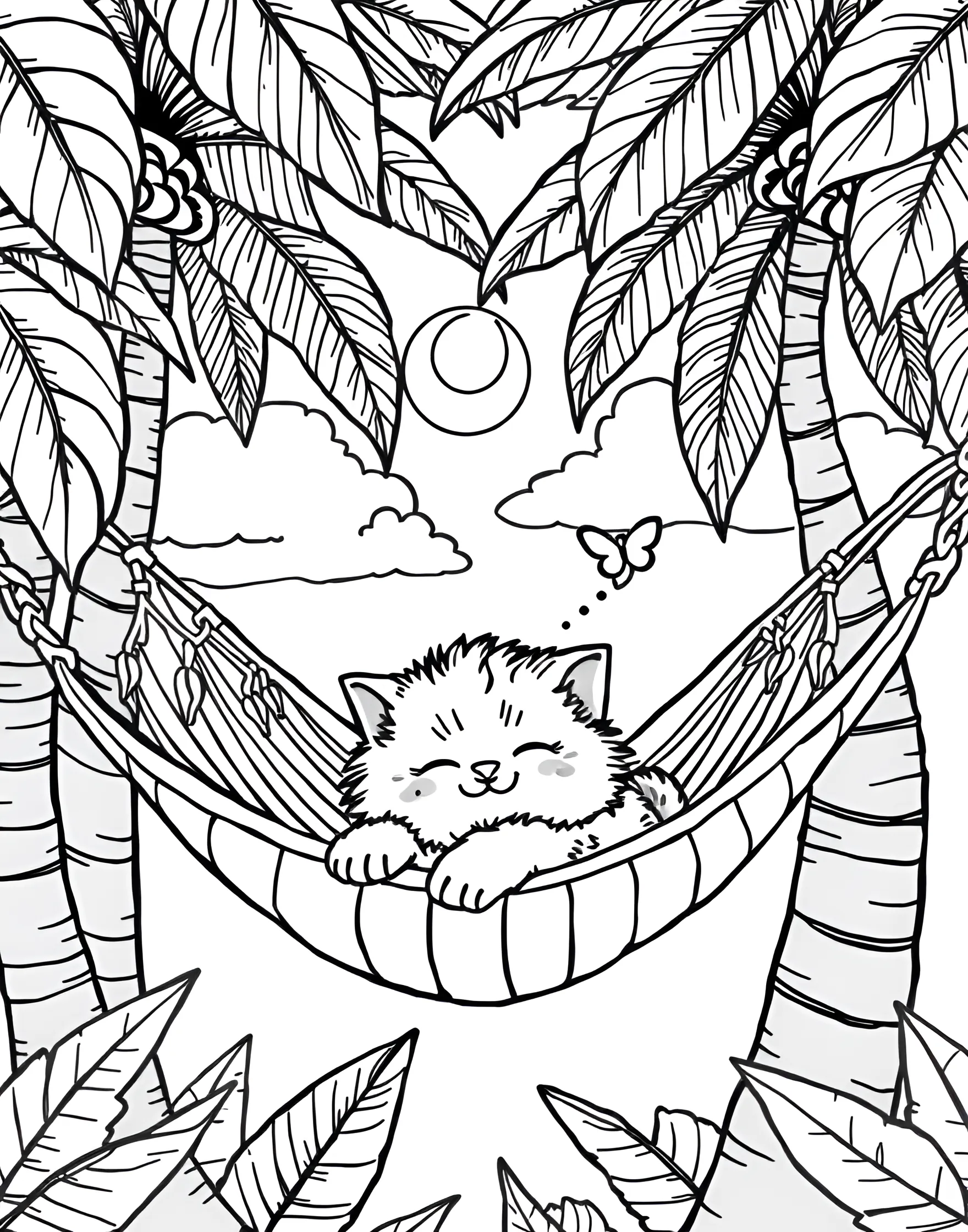 Sleepy Kitten in a Hammock Coloring Page -- prompt: "A kitten sleeping in a hammock between two palm trees." -- Relax and unwind with this peaceful kitten coloring page. A contented kitten is shown napping in a gently swaying hammock, surrounded by palm trees. This tropical scene is perfect for those who appreciate the laid-back side of kitten life.