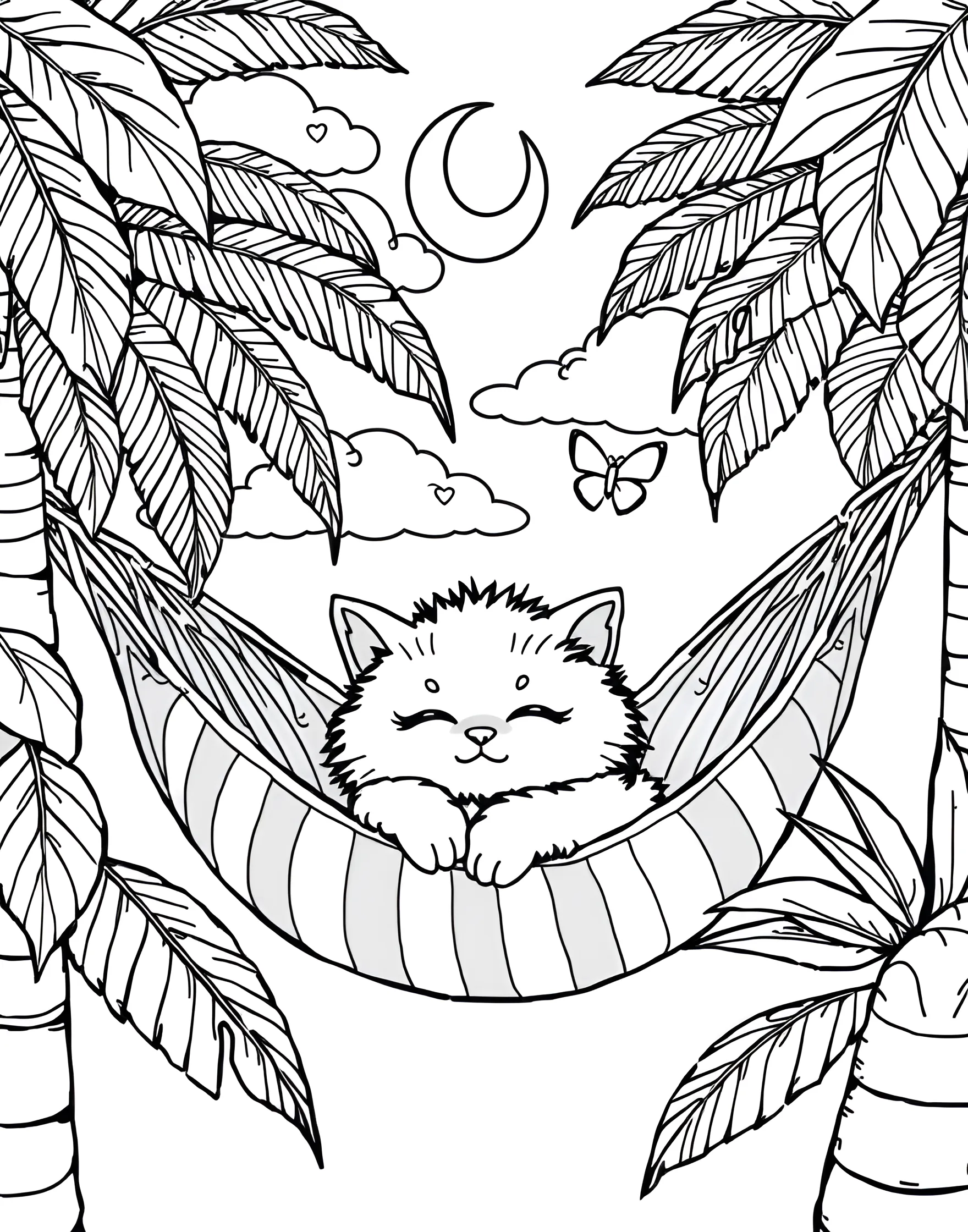 Sleepy Kitten in a Hammock Coloring Page -- prompt: "A kitten sleeping in a hammock between two palm trees." -- Relax and unwind with this peaceful kitten coloring page. A contented kitten is shown napping in a gently swaying hammock, surrounded by palm trees. This tropical scene is perfect for those who appreciate the laid-back side of kitten life.