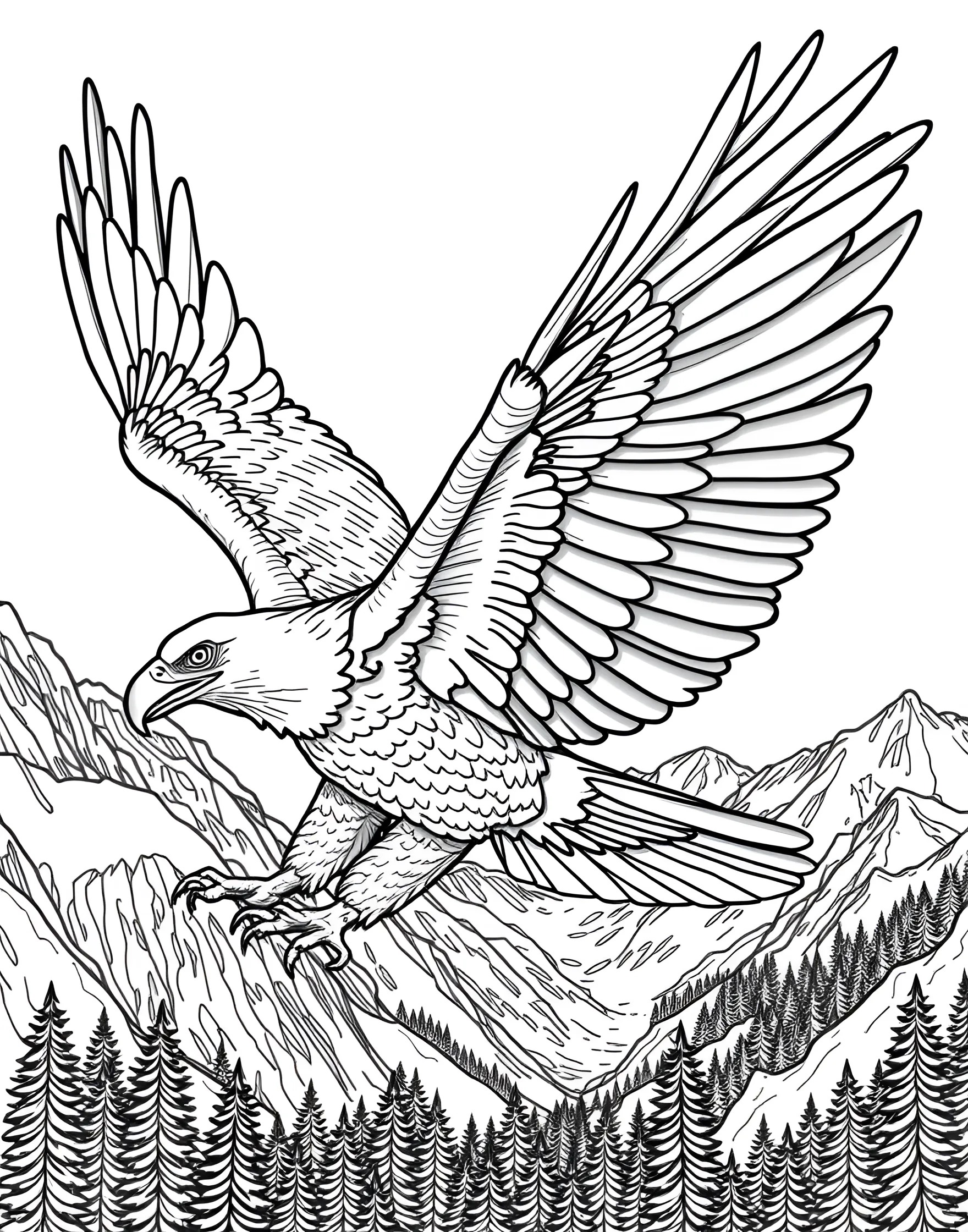 Majestic Bald Eagle Soaring Coloring Page -- prompt: "A bald eagle soaring through the sky with its wings spread, mountains and forests visible below." -- Capture the spirit of freedom with this striking coloring page of a bald eagle in flight. The powerful bird is shown with its wings spread wide against a backdrop of mountains and forests. This page provides an excellent opportunity to discuss national symbols and bird anatomy.