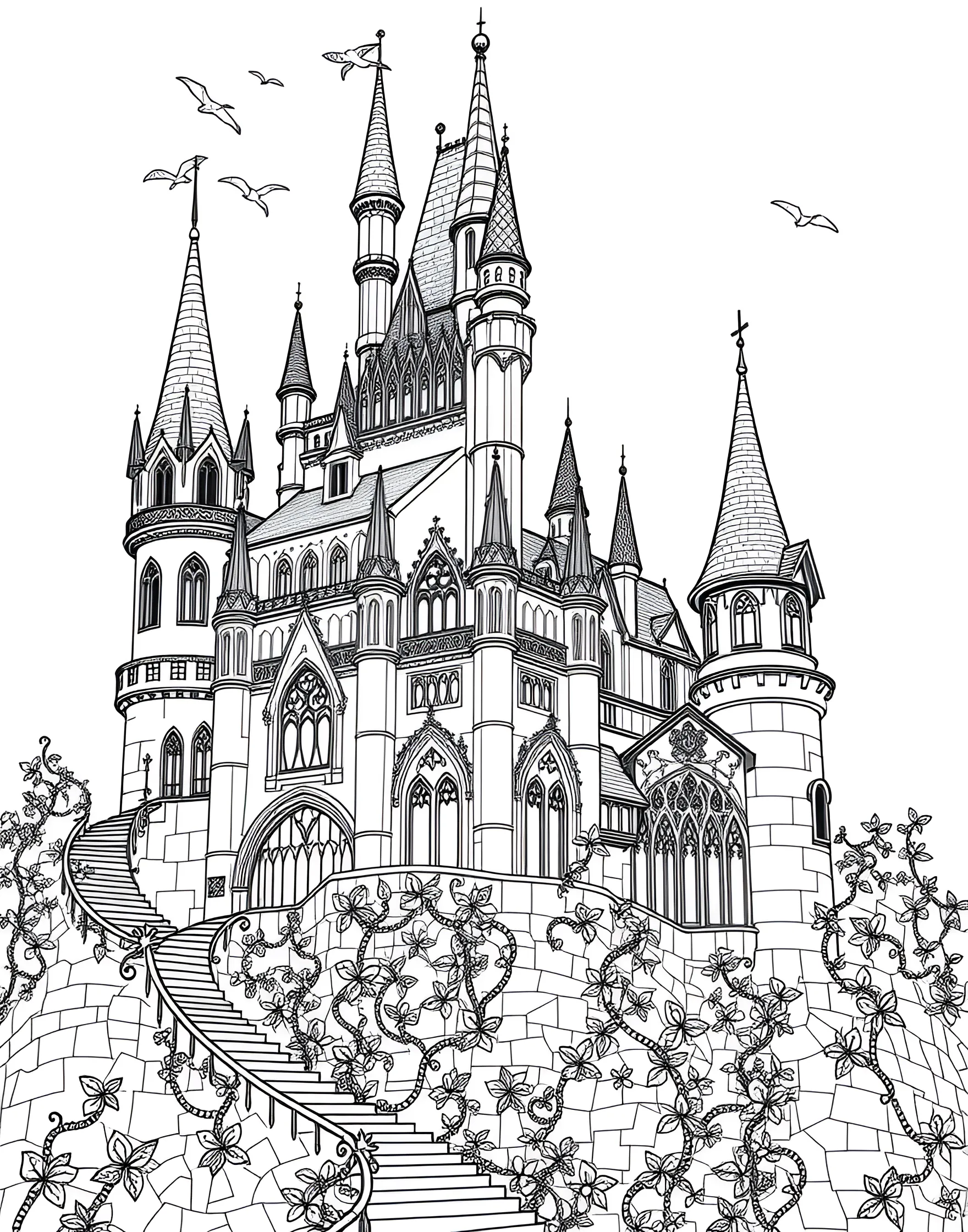 Enchanted Fairy Tale Castle Coloring Page -- prompt: "An elaborate fairy tale castle with intricate details, towers, and whimsical elements, designed for adult coloring." -- Bring the magic of fairy tales to life with this enchanted castle coloring page. Towering spires, winding staircases, and whimsical details create a fantastical scene straight out of a storybook. Let your imagination soar as you color this magical fortress.