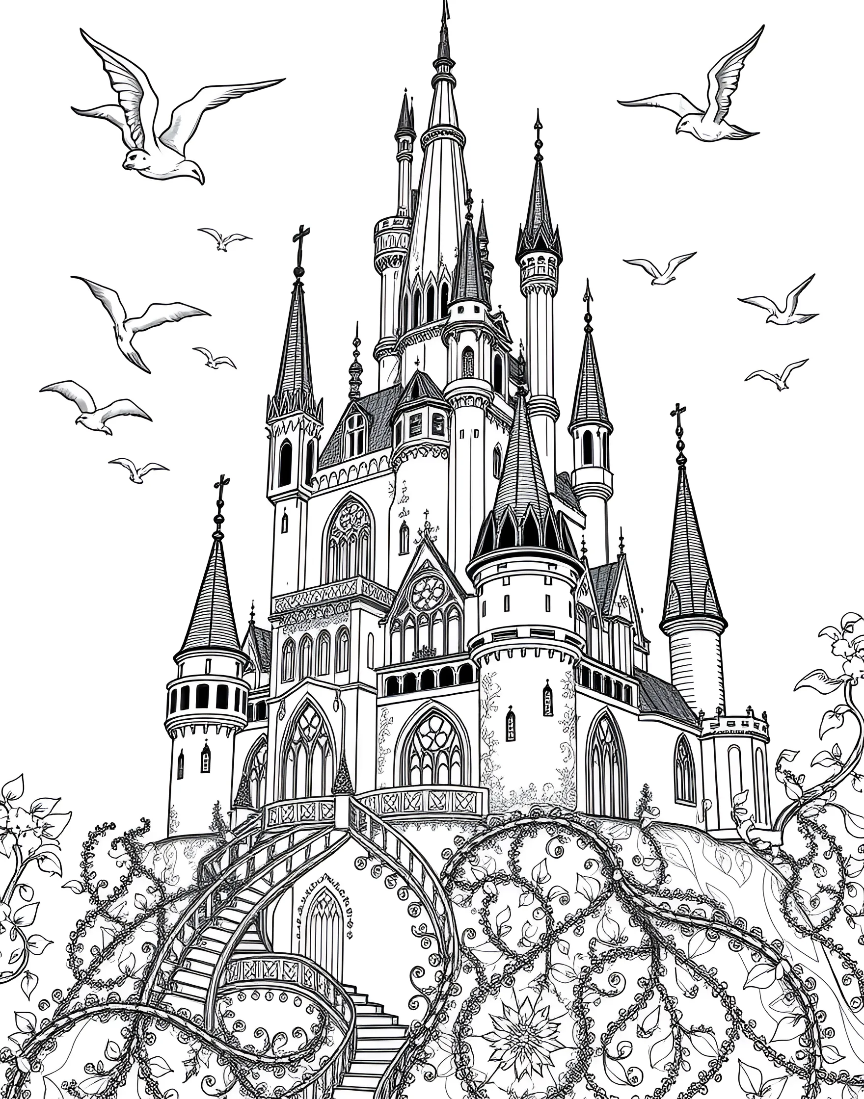 Enchanted Fairy Tale Castle Coloring Page -- prompt: "An elaborate fairy tale castle with intricate details, towers, and whimsical elements, designed for adult coloring." -- Bring the magic of fairy tales to life with this enchanted castle coloring page. Towering spires, winding staircases, and whimsical details create a fantastical scene straight out of a storybook. Let your imagination soar as you color this magical fortress.