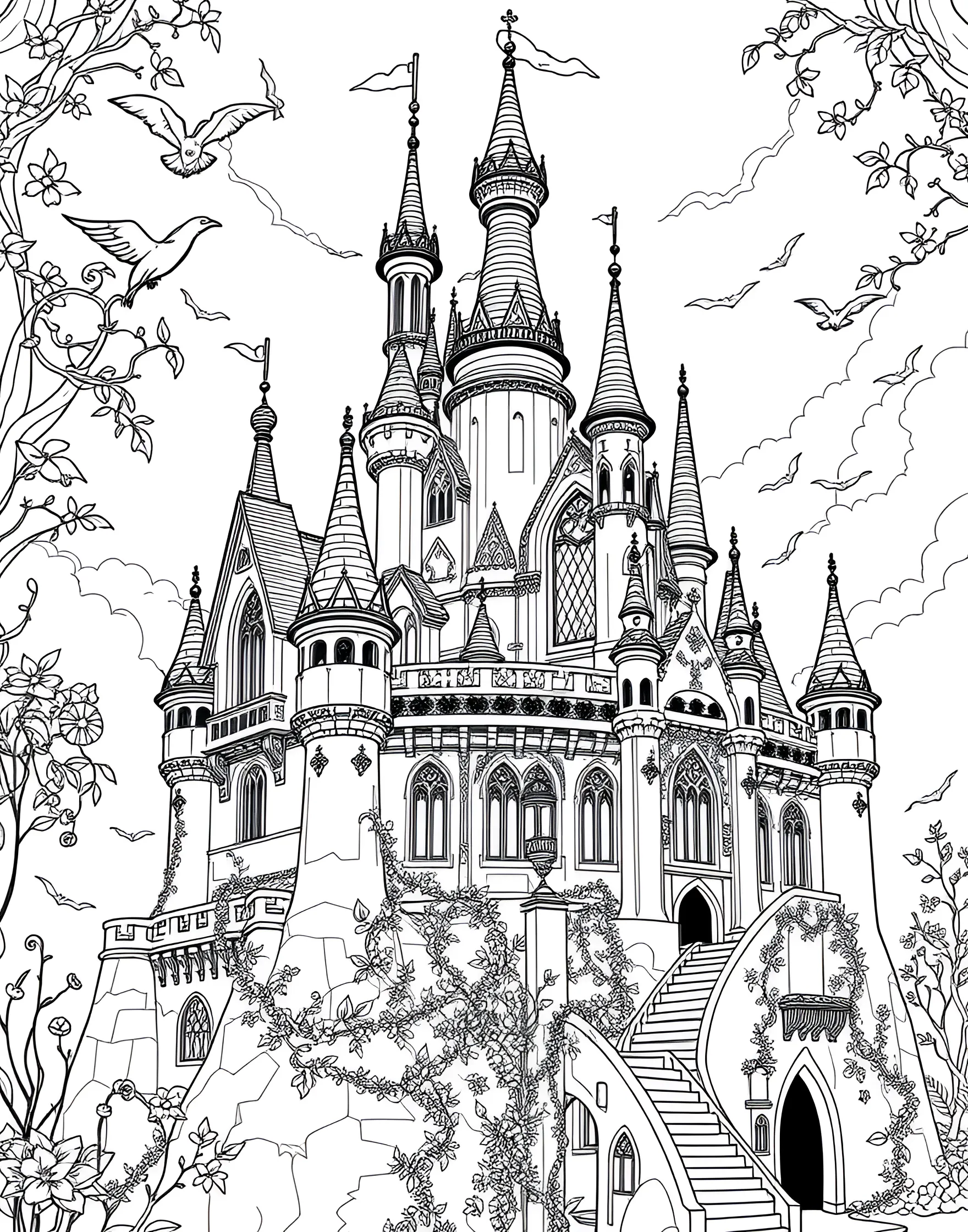 Enchanted Fairy Tale Castle Coloring Page -- prompt: "An elaborate fairy tale castle with intricate details, towers, and whimsical elements, designed for adult coloring." -- Bring the magic of fairy tales to life with this enchanted castle coloring page. Towering spires, winding staircases, and whimsical details create a fantastical scene straight out of a storybook. Let your imagination soar as you color this magical fortress.