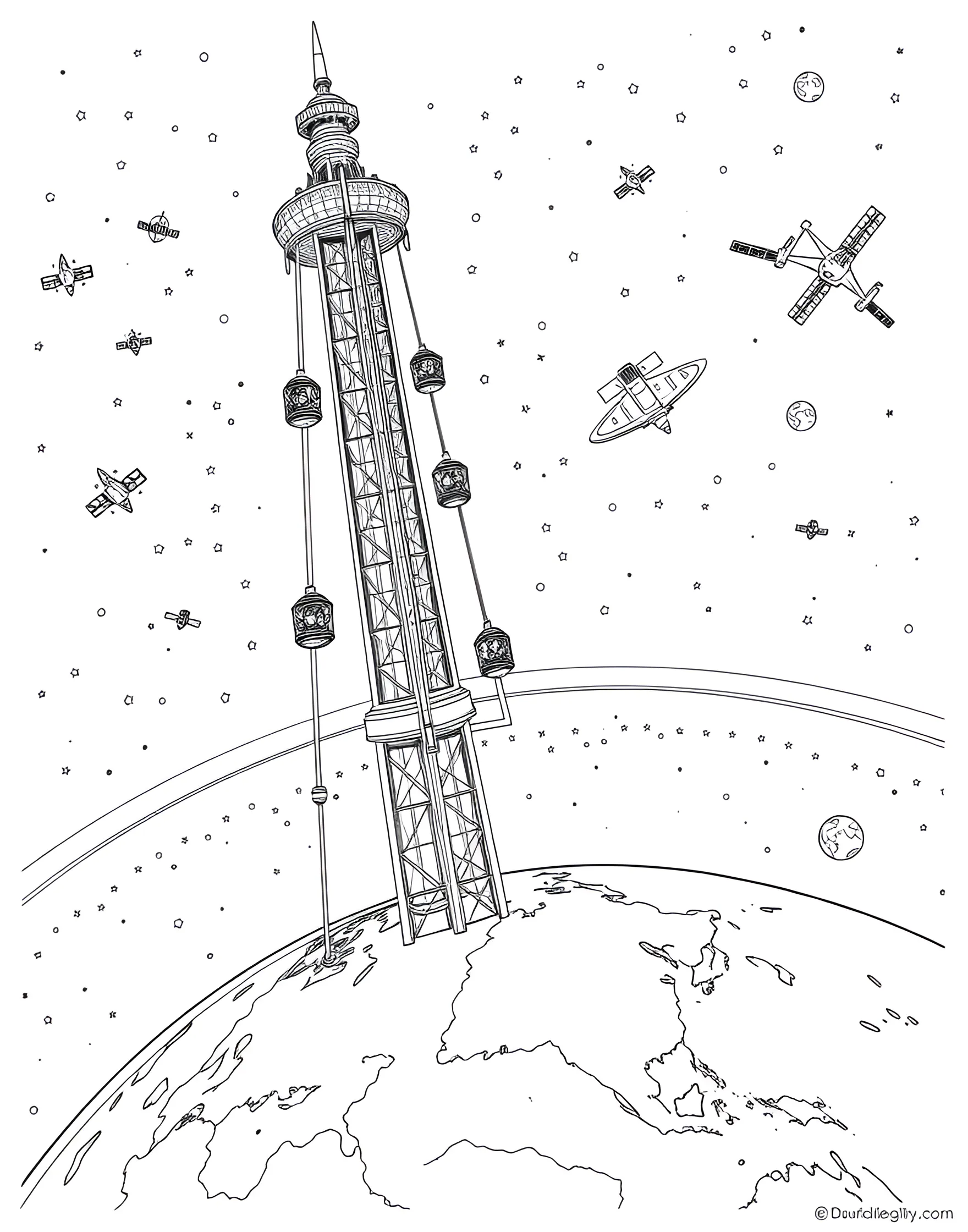 Space Elevator Concept Coloring Page -- prompt: "A space elevator extending from Earth's surface into orbit, with multiple capsules ascending and descending." -- Explore a futuristic concept with this space elevator coloring page. The massive structure stretches from Earth's surface into orbit, with capsules climbing up and down its length. This page encourages thinking about future space technologies and how we might make space travel more accessible.