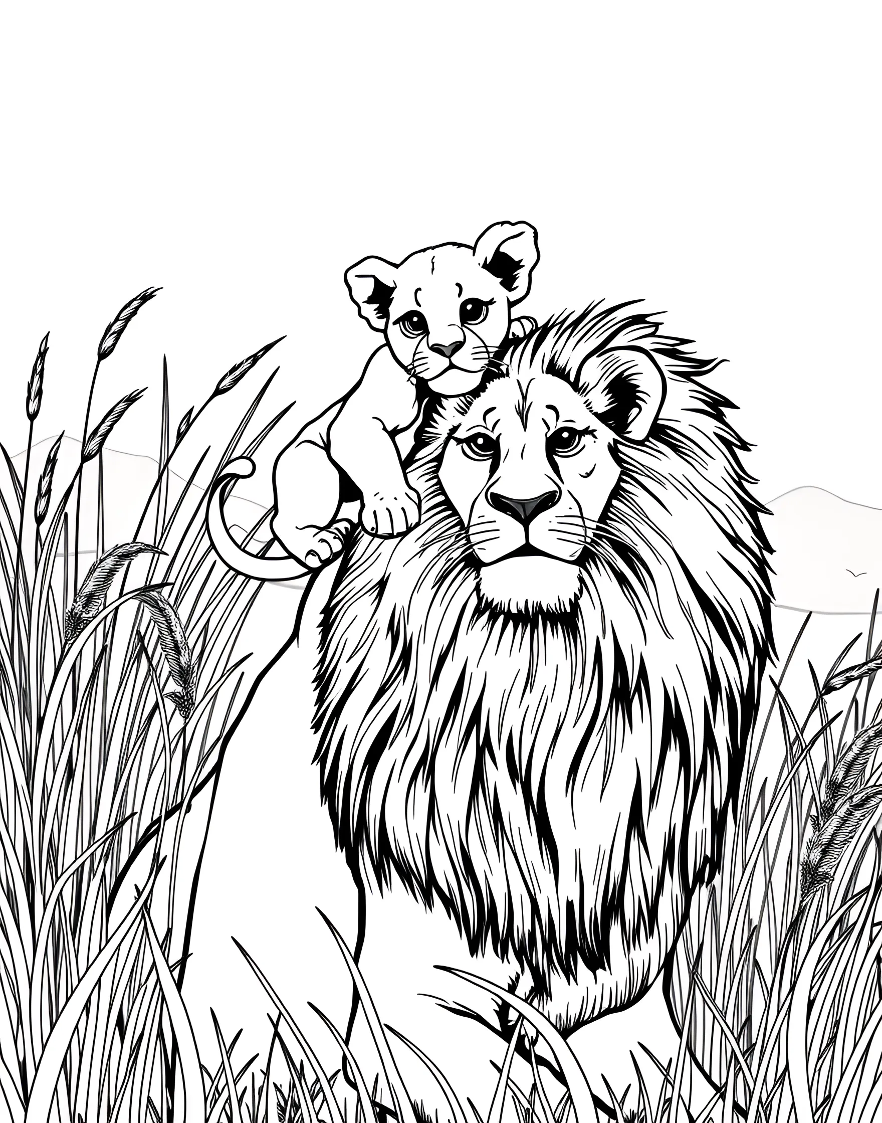 Lion Cub Riding on Mother's Back Coloring Page -- prompt: "A lion cub riding on its mother's back as she walks through the savanna grass." -- This endearing coloring page shows a small lion cub hitching a ride on its mother's back. The lioness walks steadily while her cub holds on, creating a sweet scene of maternal care. It's a charming choice for those who enjoy coloring heartwarming parent-child moments in the animal kingdom.