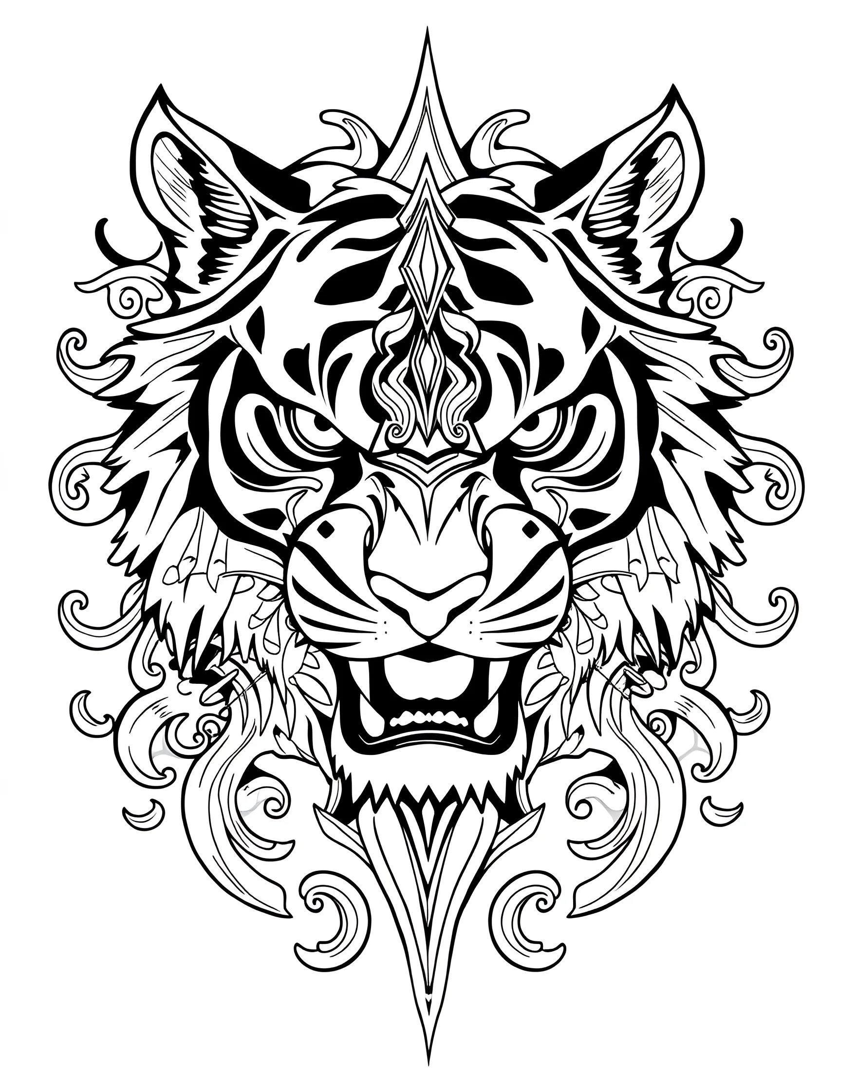 Tribal Tiger Tattoo Design Coloring Page -- prompt: "A stylized tiger design in the style of a tribal tattoo." -- Explore the world of body art with this tiger-inspired tattoo design coloring page. The stylized tiger is composed of bold, tribal-style lines and patterns. This page is great for older kids and adults who appreciate more abstract and artistic designs.