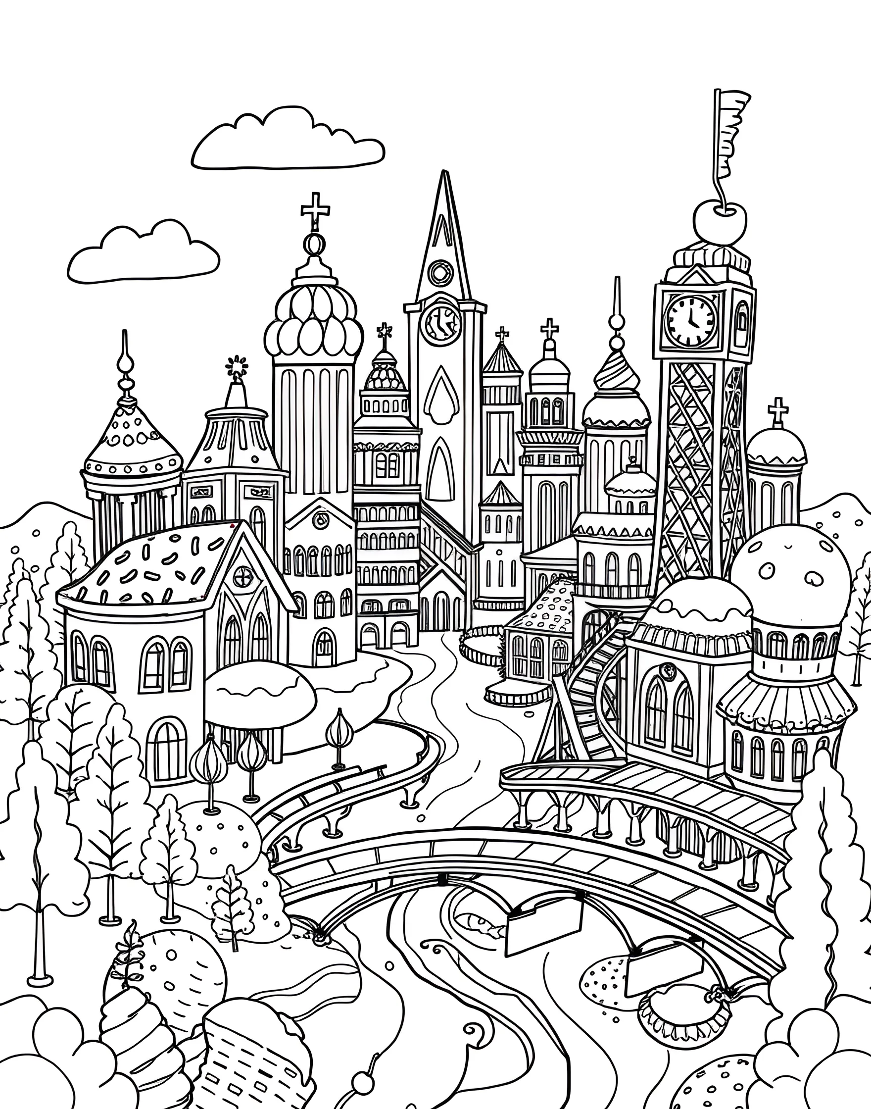 Ice Cream Cone Building Blocks Coloring Page -- prompt: "A scene of various structures and buildings made entirely from ice cream cones and scoops, like a child's building block set." -- Unleash your inner architect with these ice cream cone building blocks. Waffle cones and ice cream scoops form towers, bridges, and structures in this imaginative construction scene. This page encourages thinking outside the box and creating a colorful, edible cityscape.