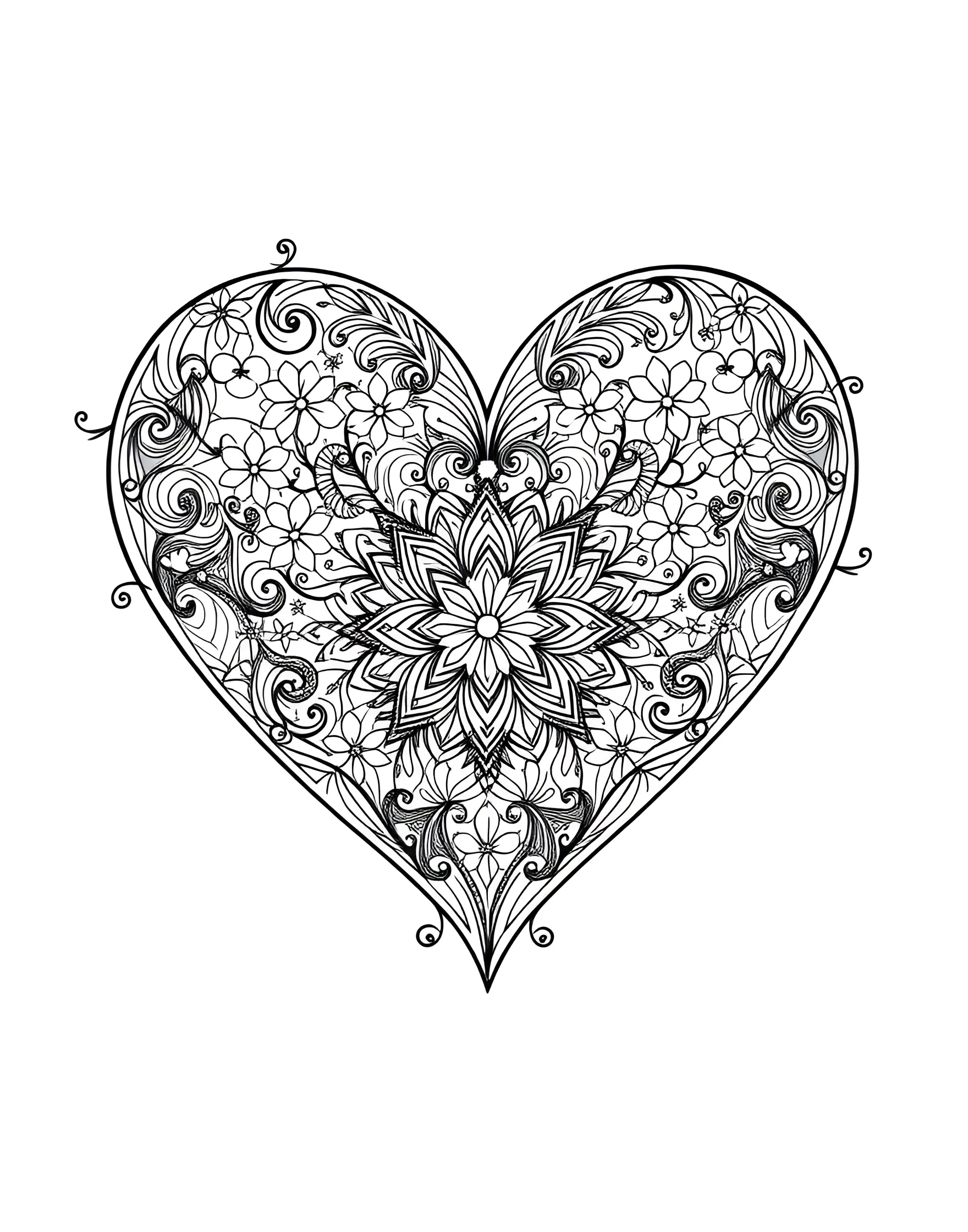 Zentangle Heart Coloring Page -- prompt: "A heart filled with various zentangle patterns and intricate doodles." -- This mesmerizing coloring page features a heart filled with various zentangle patterns, creating a captivating and detailed design. The intricate doodles and repetitive patterns offer a soothing and meditative coloring experience. It's an excellent choice for adults looking for a stress-relieving artistic activity or anyone who enjoys precise, pattern-based designs.