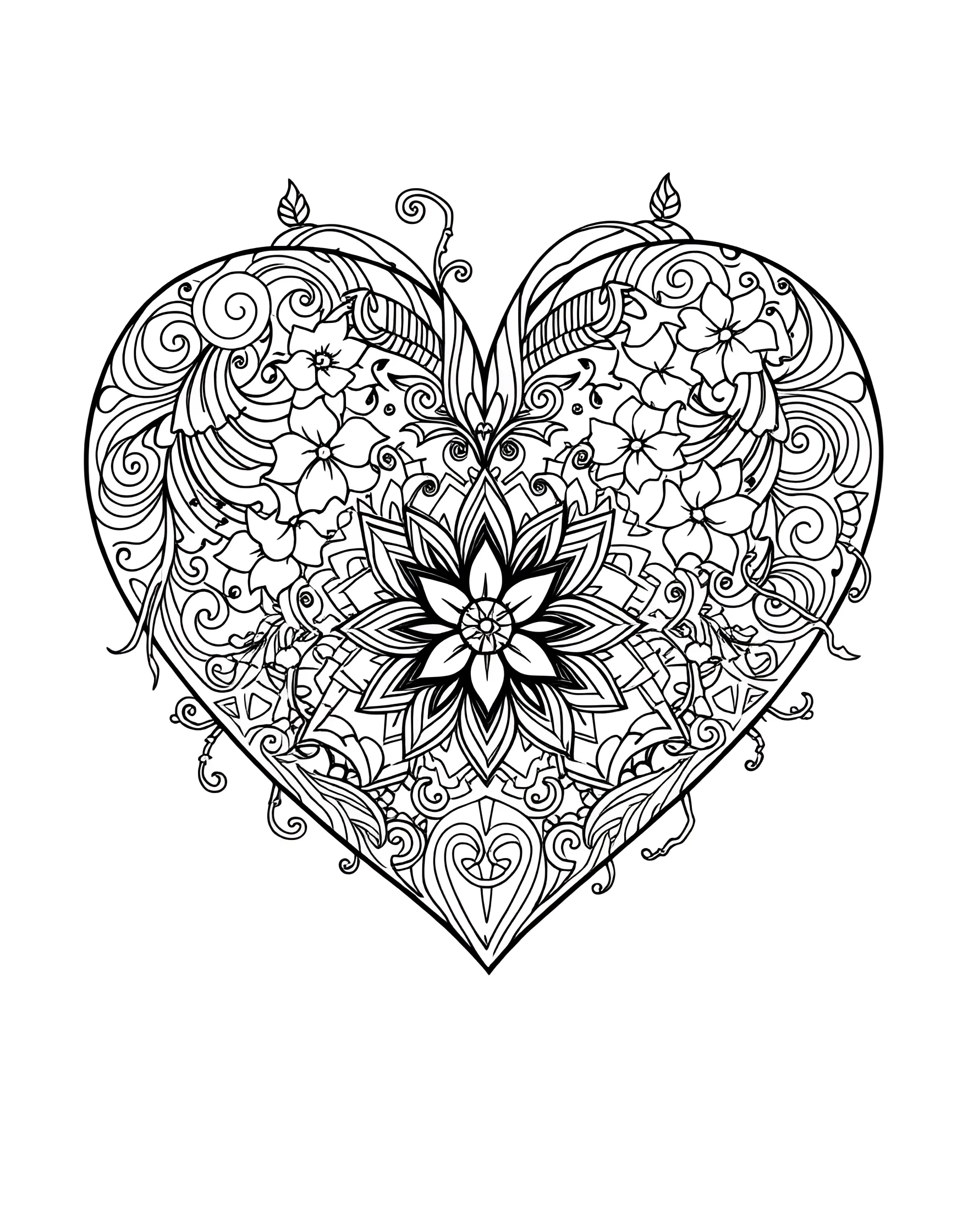 Zentangle Heart Coloring Page -- prompt: "A heart filled with various zentangle patterns and intricate doodles." -- This mesmerizing coloring page features a heart filled with various zentangle patterns, creating a captivating and detailed design. The intricate doodles and repetitive patterns offer a soothing and meditative coloring experience. It's an excellent choice for adults looking for a stress-relieving artistic activity or anyone who enjoys precise, pattern-based designs.