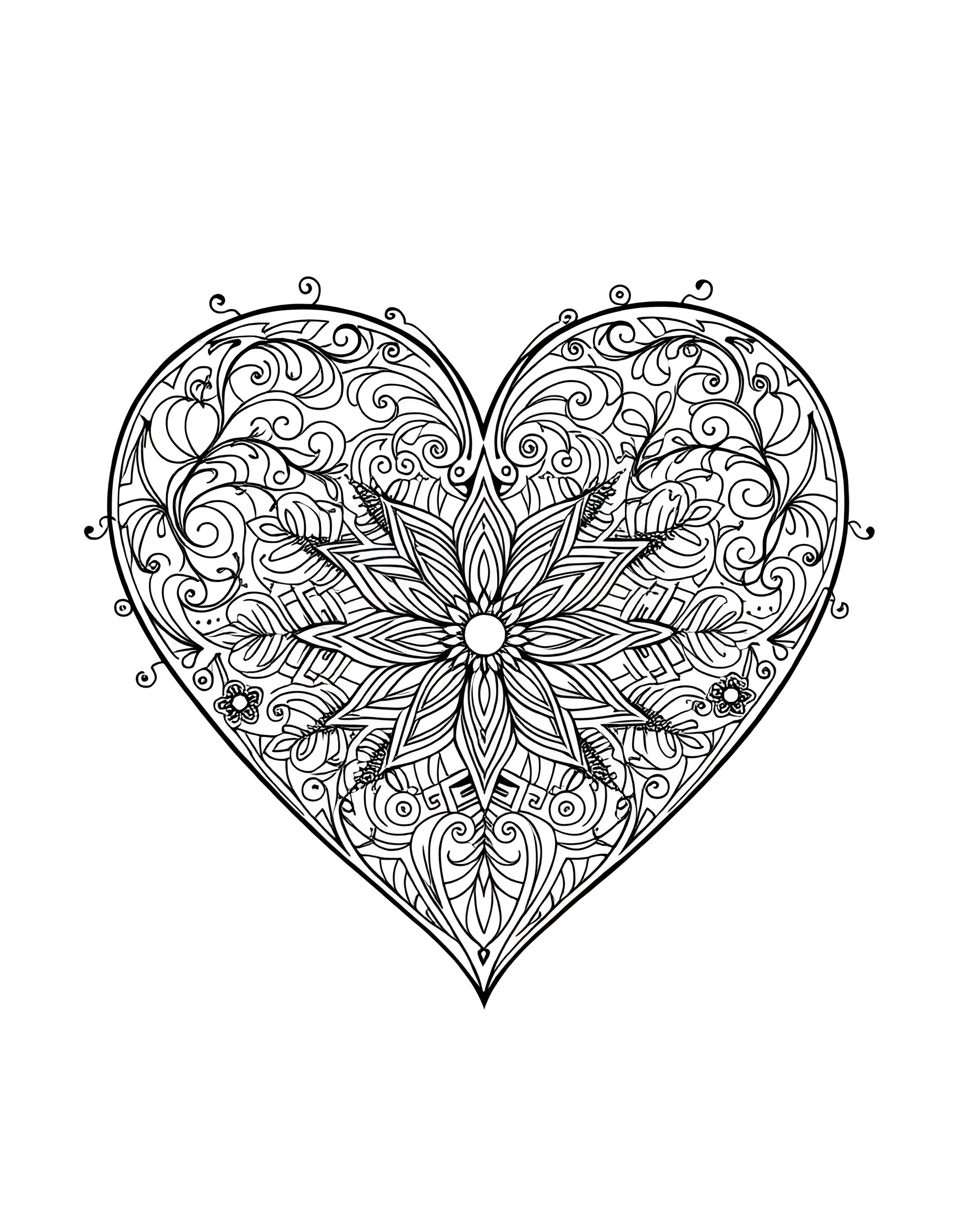 Zentangle Heart Coloring Page -- prompt: "A heart filled with various zentangle patterns and intricate doodles." -- This mesmerizing coloring page features a heart filled with various zentangle patterns, creating a captivating and detailed design. The intricate doodles and repetitive patterns offer a soothing and meditative coloring experience. It's an excellent choice for adults looking for a stress-relieving artistic activity or anyone who enjoys precise, pattern-based designs.